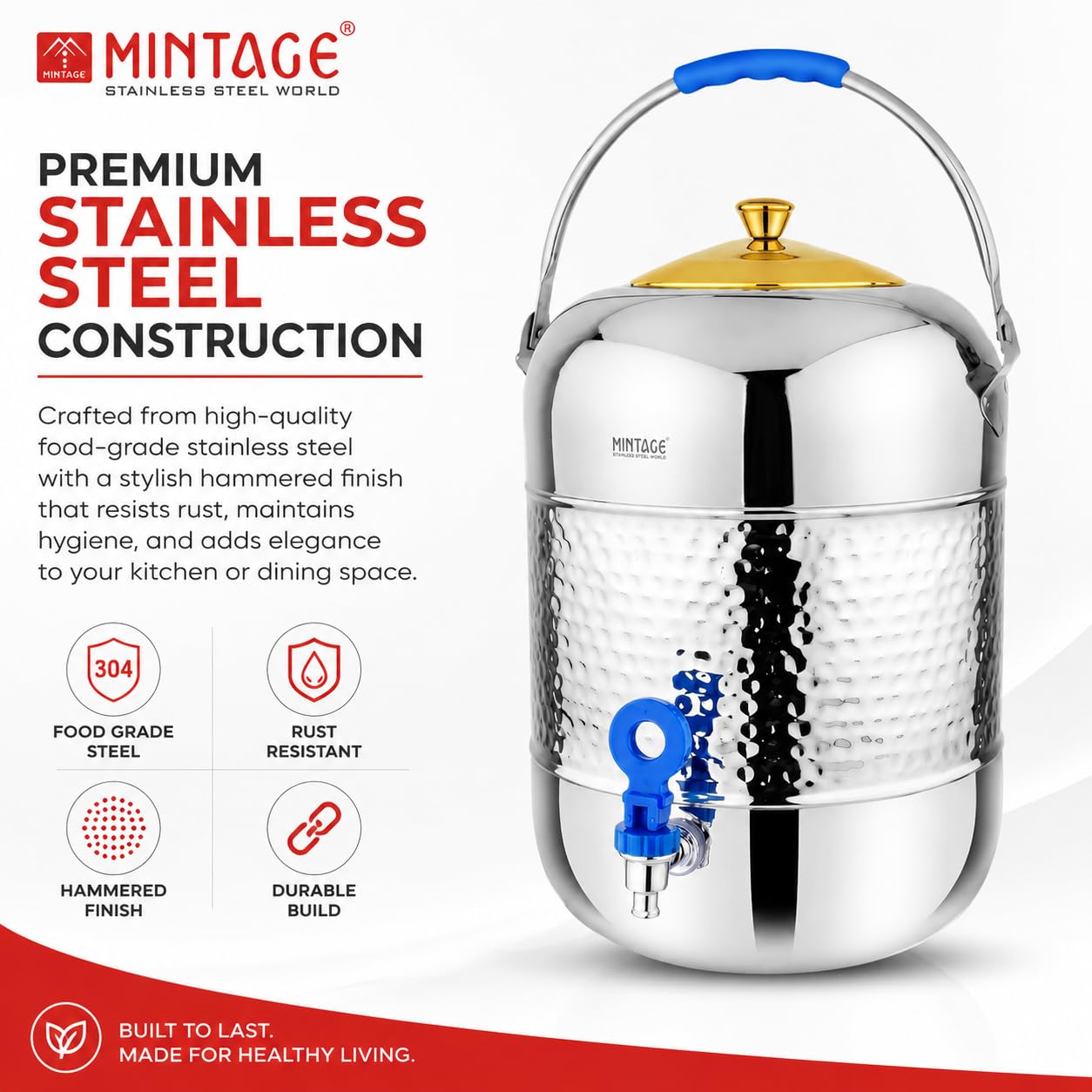 Mintage Water Container Stainless Steel Pot 13 Liters | Durable | Sleek Modern Kitchen Storage | Home Essential Design | Elegant Utility Dispenser