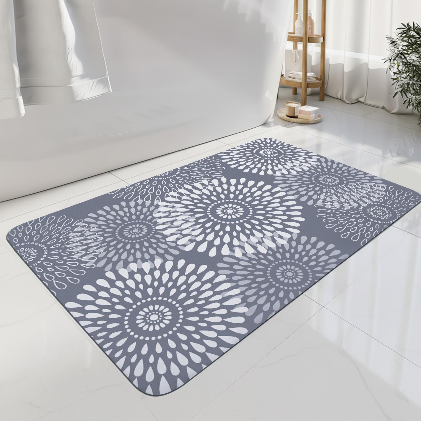 Non Slip Quick Dry Bath Mat, 20"x31" Rubber Backing Thin Bathroom Rugs Fit Under Door, Absorbent Bath Rug Washable Easy Care for Bathtub Sink Shower Laundry (Grey Floral)