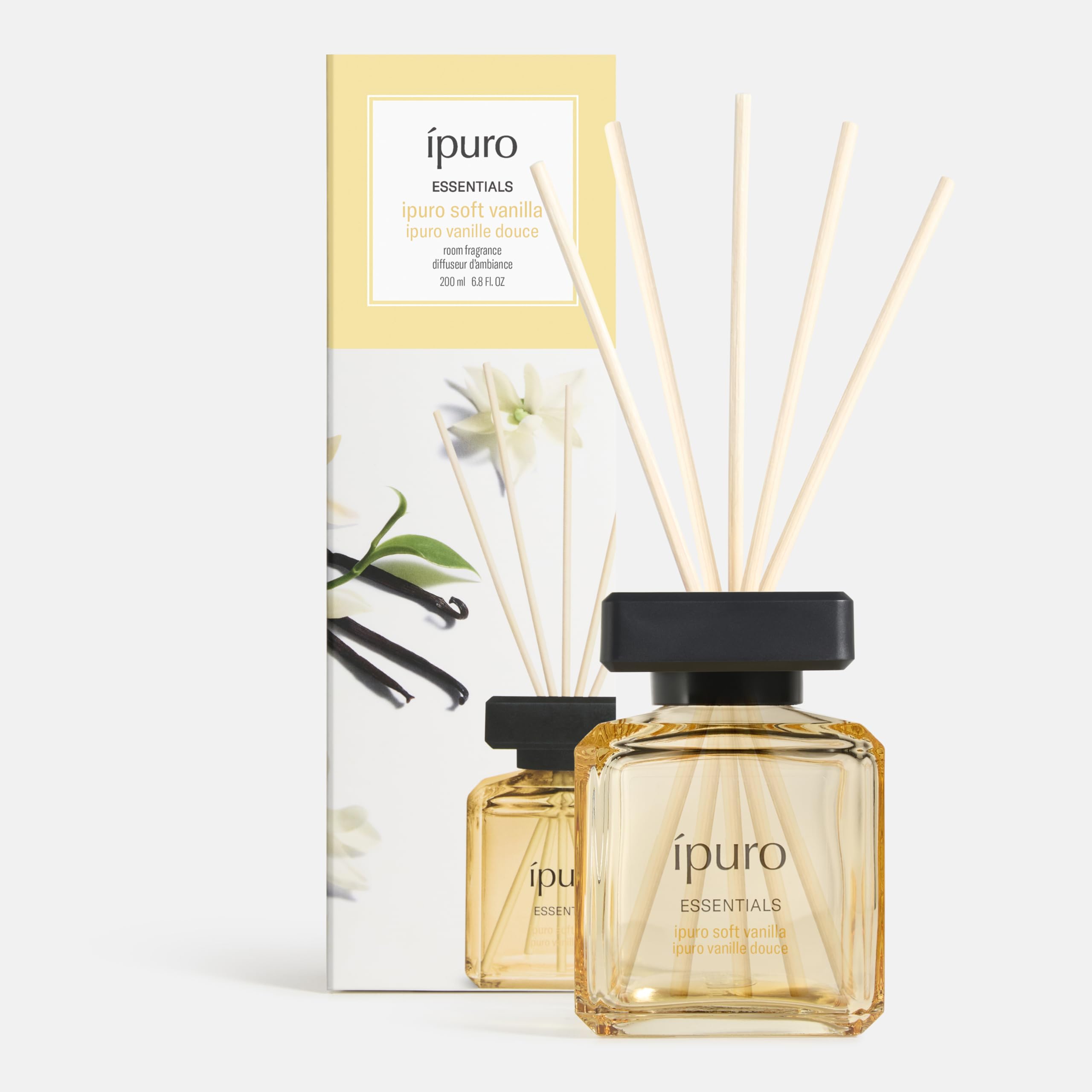 ipuro Essentials Soft Vanilla Room Fragrance with Sticks 200 ml - Room Freshener with Vanilla, Sandalwood, Licorice, Peach Blossom & Caramel Fragrance Aroma - Diffuser with Sticks