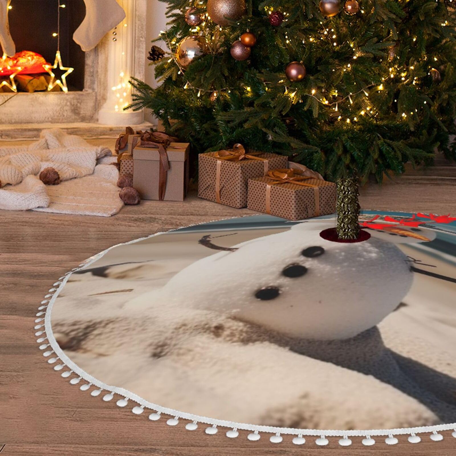 Tapis de sapin de Noël en peluche douce 121,9 cm motif bonhomme de neige lavable et épais
