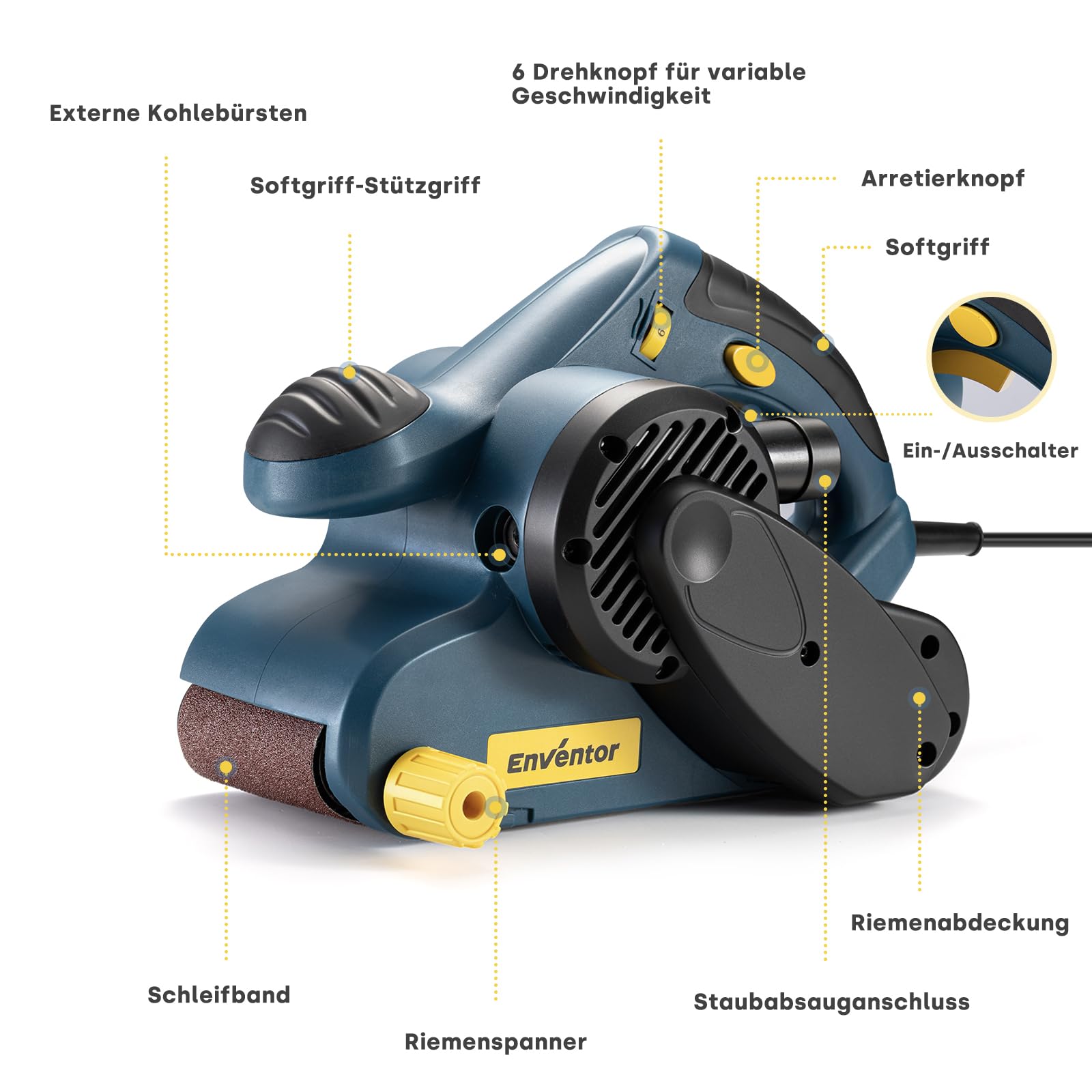 Enventor 950W Bandschleifer, 6 Geschwindigkeitsstufen (120–380 m/min), 2-in-1 Tischschleifer mit Staubbeutel und 12 Schleifbändern (P80, P120, P180,P240), 76 x 533 mm