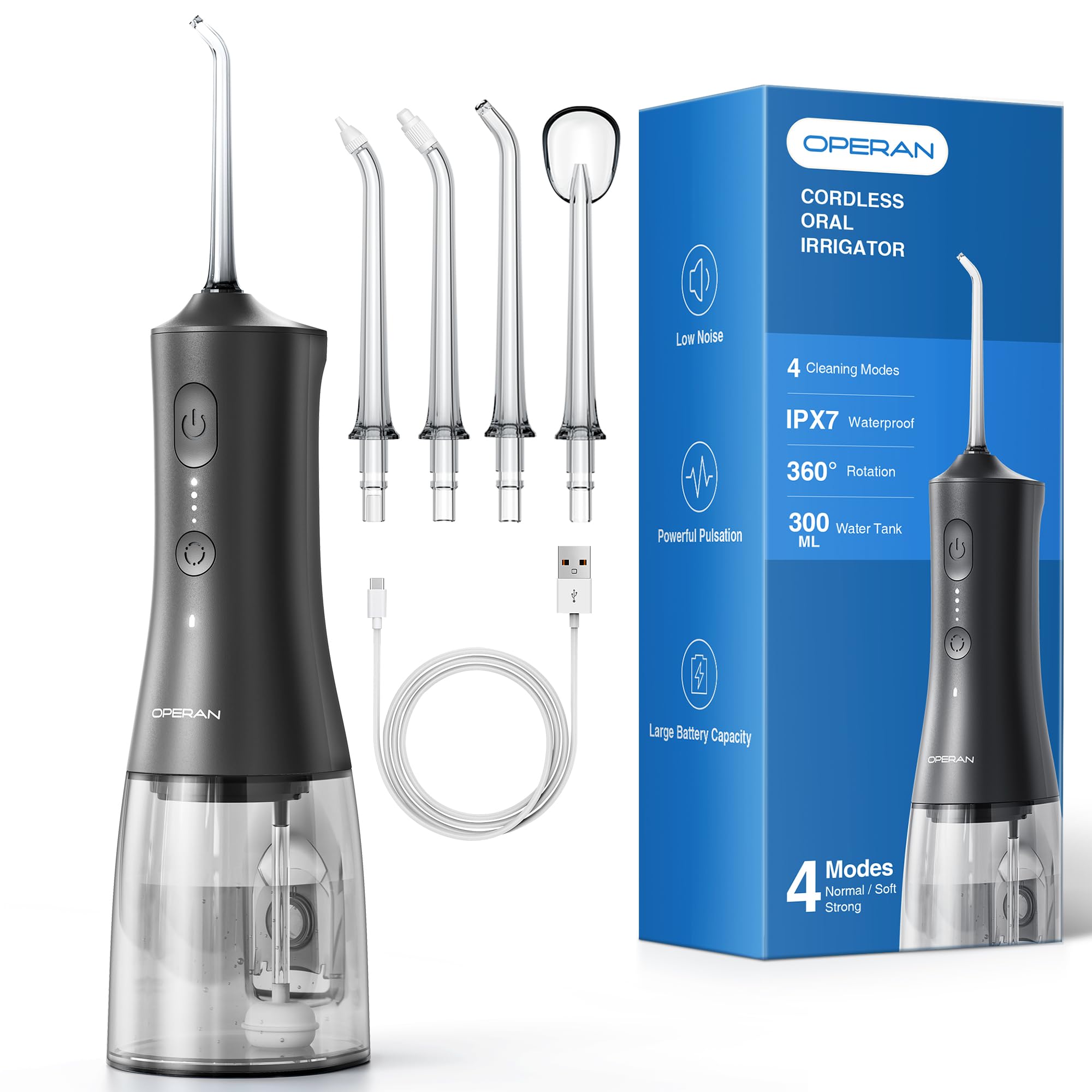 Operan 300ml Cordless Water Dental Flosser, Portable Water Flossers for Teeth, 4 Pulse Modes IPX7 Waterproof Oral Irrigator with 4 Tips, 21 Days Runtime for Travel, Home, Braces, Gum Care, Black