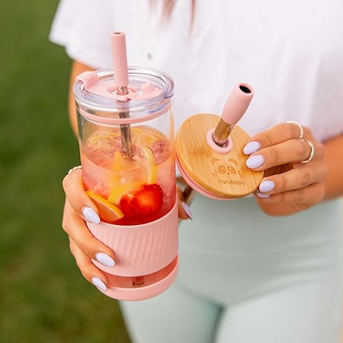 Miniatura 7 de Pandaloo Vasos de vidrio con tapas y popotes, 20 onzas líquidas, taza de café helado, taza de batido con tapa de bambú y tapa sobre la marcha (azul