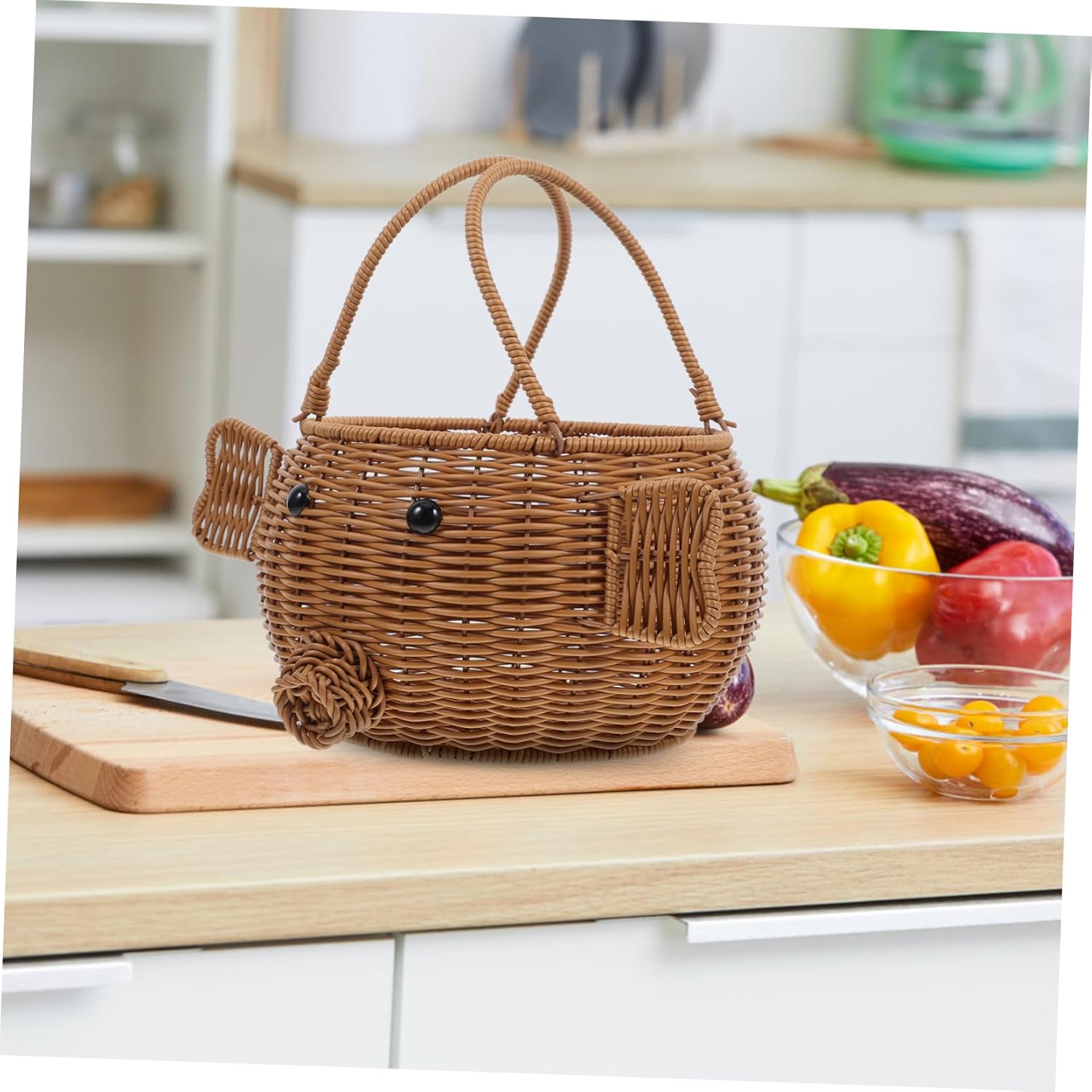 TOYANDONA Pig-Shaped Hand-Woven Storage Basket for Fruits and Vegetables Cute Rattan Organizer for Picnics Lightweight Design Touch for Decor