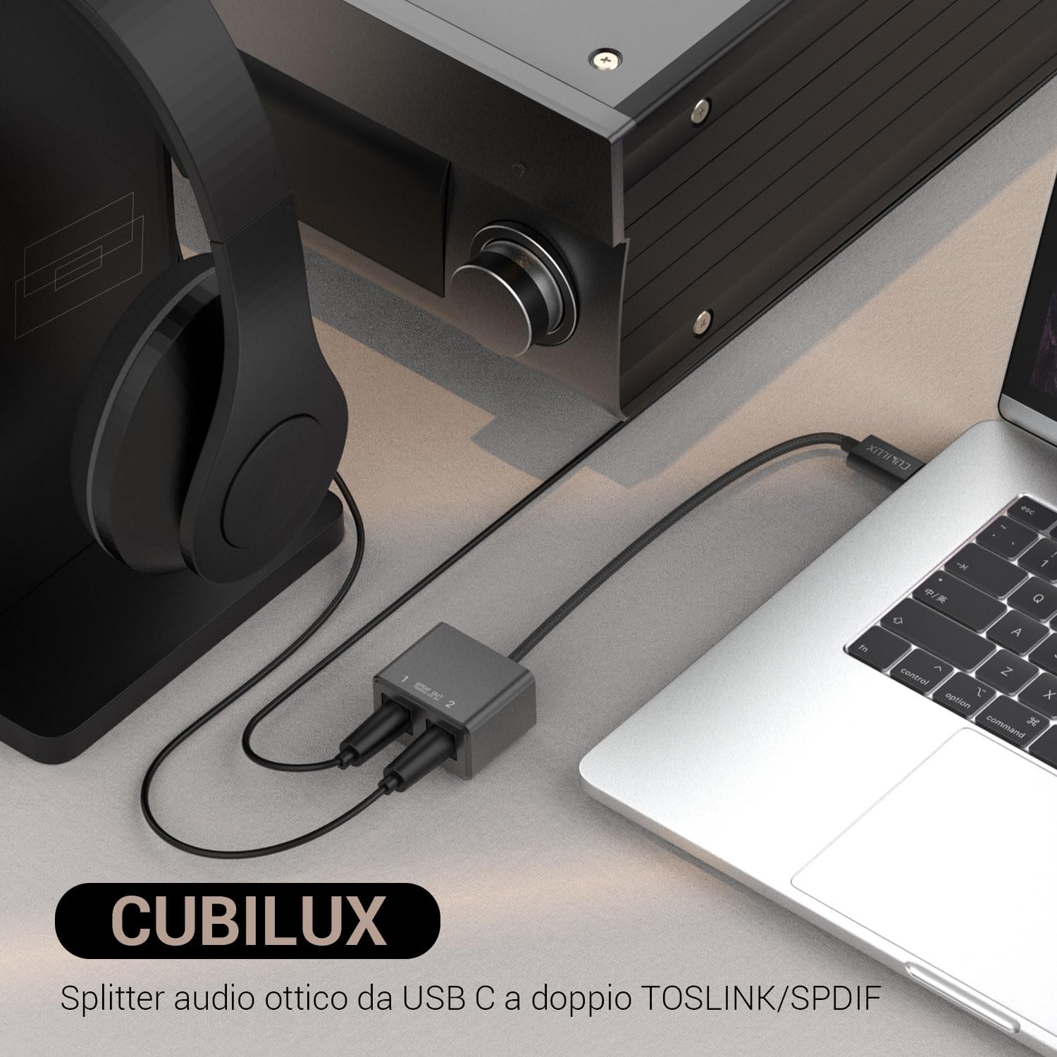 Cubilux Adattatore USB C a doppio SPDIF [DAC 192KHz/24bit] per MacBook Mac iMac, laptop, computer, PC, splitter audio ottico da tipo C a doppio TOSLINK