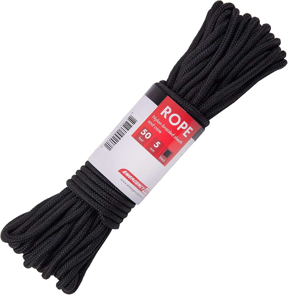 Zona de emergência 5 mm nylon trançado, 50 pés, multiuso corda de acampamento marca | disponível em verde e preto. Disponível em unidades, 2, 3, 4, 5, 100 pacotes., Black