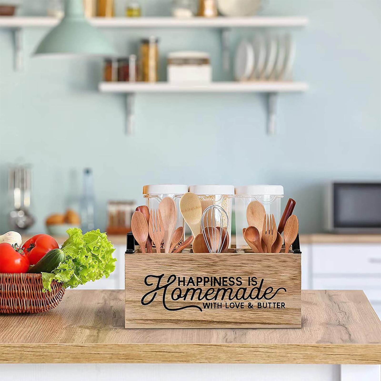 Küchenutensilienhalter Aus Holz Mit 3 Fächern - Rustikale Aufbewahrung Für Kochutensilien
