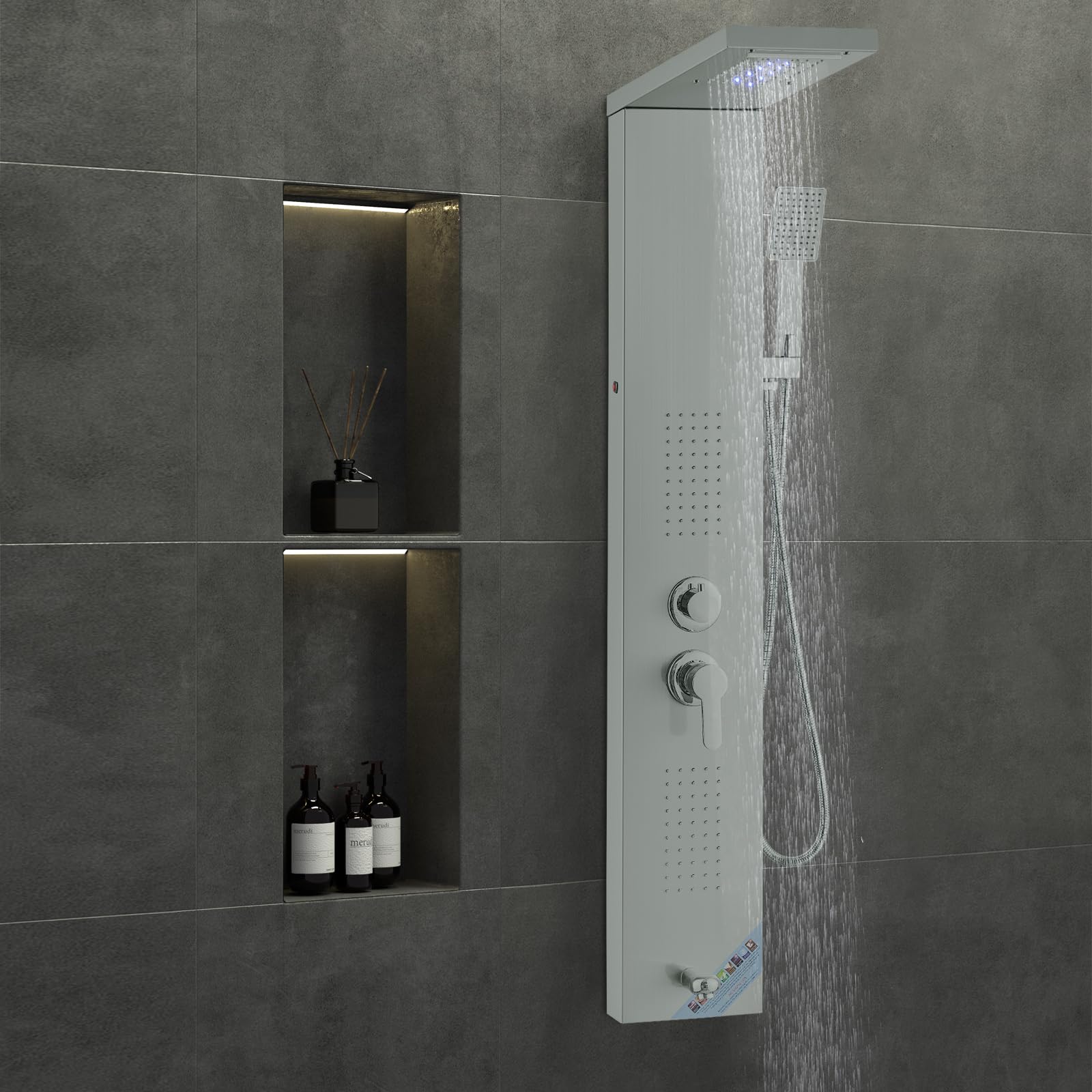 VEVOR Pannello Doccia 5 Modalità, Torre Doccia LED, Pioggia, Cascata, 2 Getti Massaggianti, Bocca Vasca, Soffione Mano, Argento Spazzolato