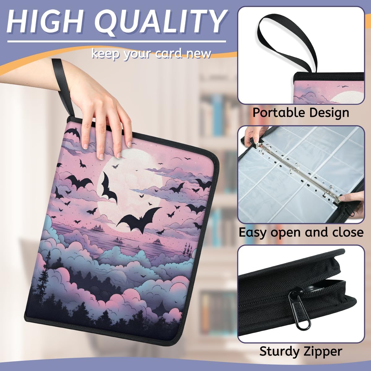 Card Binder Halloween Bats 9 Pocket Trading Card Holder 900 Pockets with 50 Removable Sleeve Waterproof Album Book Storage for Cards