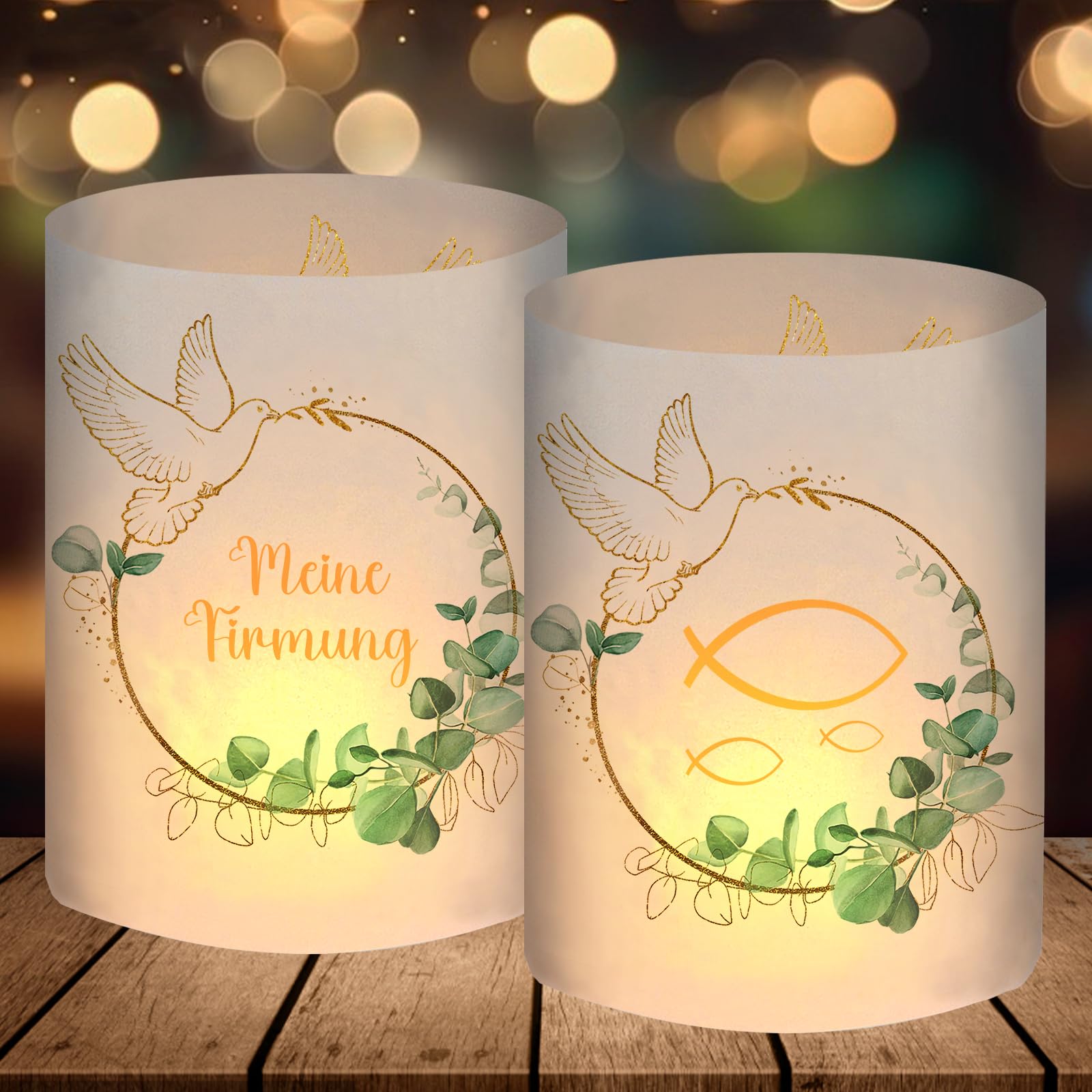 12 Windlicht Tischdeko, Meine Firmung Deko Eukalyptus Grün, Firmung Deko Junge Mädchen Geschenke Gastgeschenke, für Teelichter oder Kerzen
