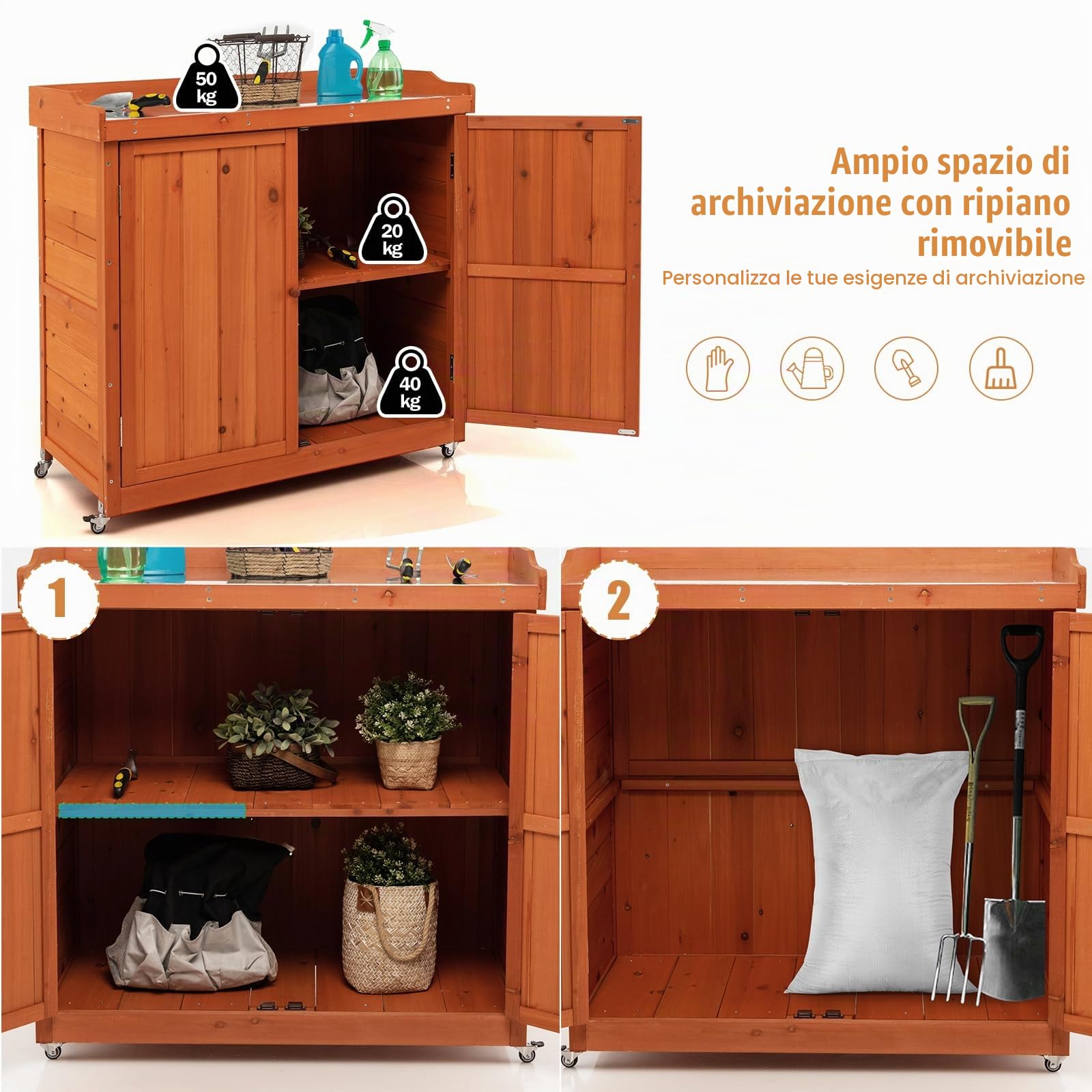 HOMASIS Armadio da Esterno in Legno con Ruote, Armadietto da Esterno Impermeabile con Banco da Lavolo Superiore in Acciaio Zincato e Ripiano Rimovibile Interno, 98,5 x 48 x 100 cm, Arancione