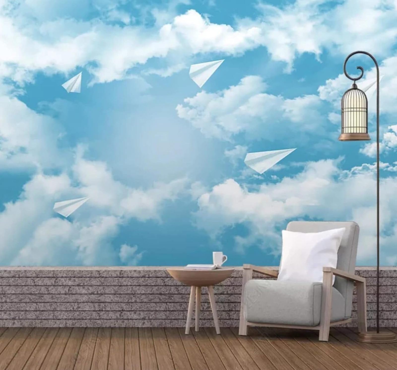 Papier peint panoramique 3D nuages blancs paysage sérénité pour chambre et salon