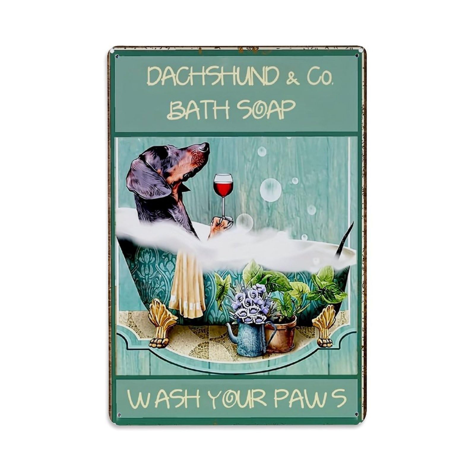 Jdfenggu Vintage Dachshund In Bathtub With Wine Retro Metal Tin Sign, Decor Art Poster For Bar, Home, Man Cave, Kitchen, Laundry Room Gift 8X12inch