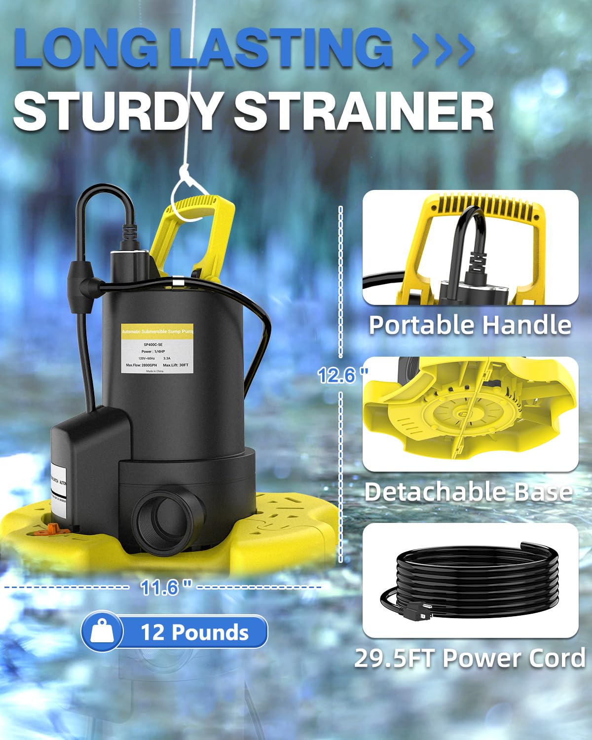 Bomba automática de cubierta de piscina – 1 CV 5000 GPH bomba de agua sumergible con válvula antirretorno y 3 adaptadores, cable de 7,6 m para bombas sobre el suelo, sistema de encendido/apagado