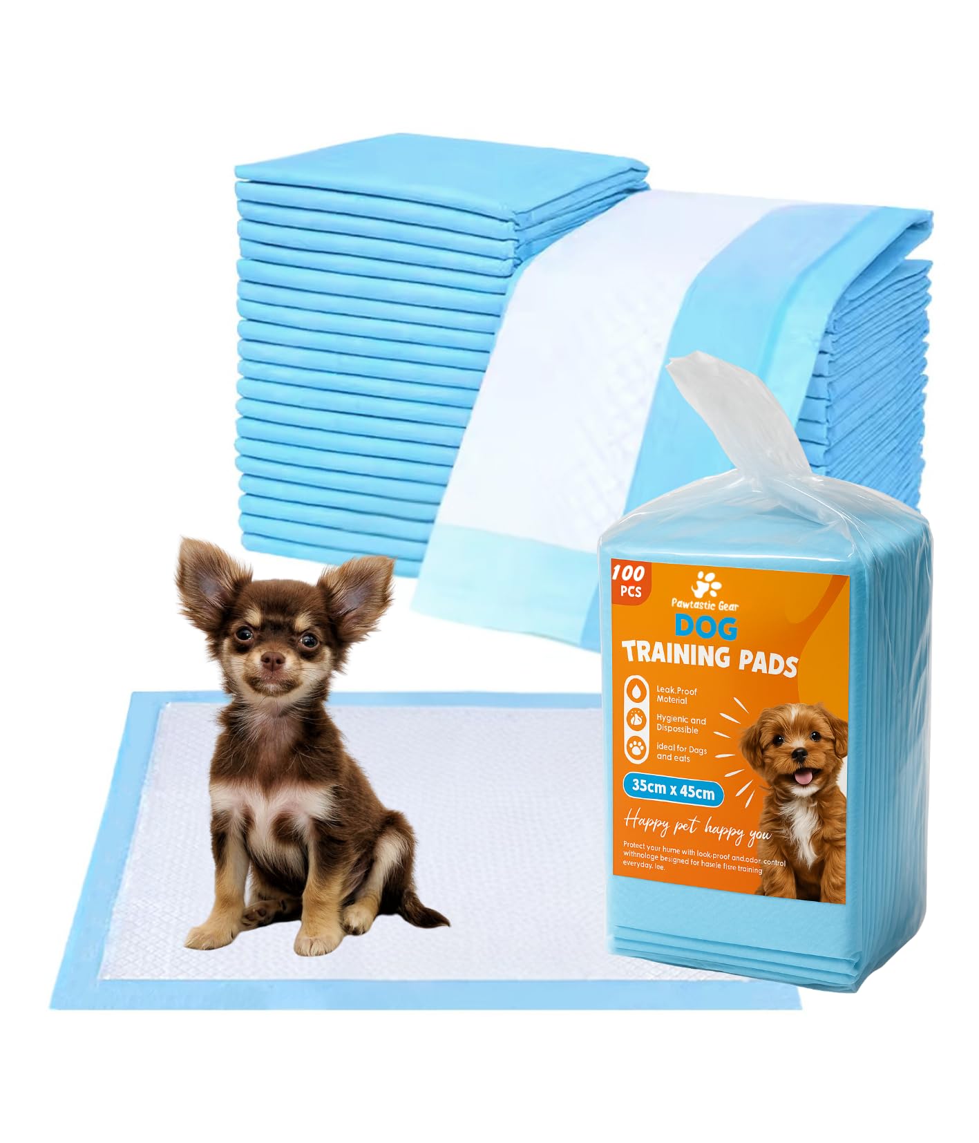 Pawtastic Gear - Welpenunterlagen 35x45 cm, 5-lagige Trainingspads 100 Stück, Auslaufsicher und Strapazierfähig mit Schnell Trocknender Oberfläche, PIPI Matten für Hunde, Blau-Weiß