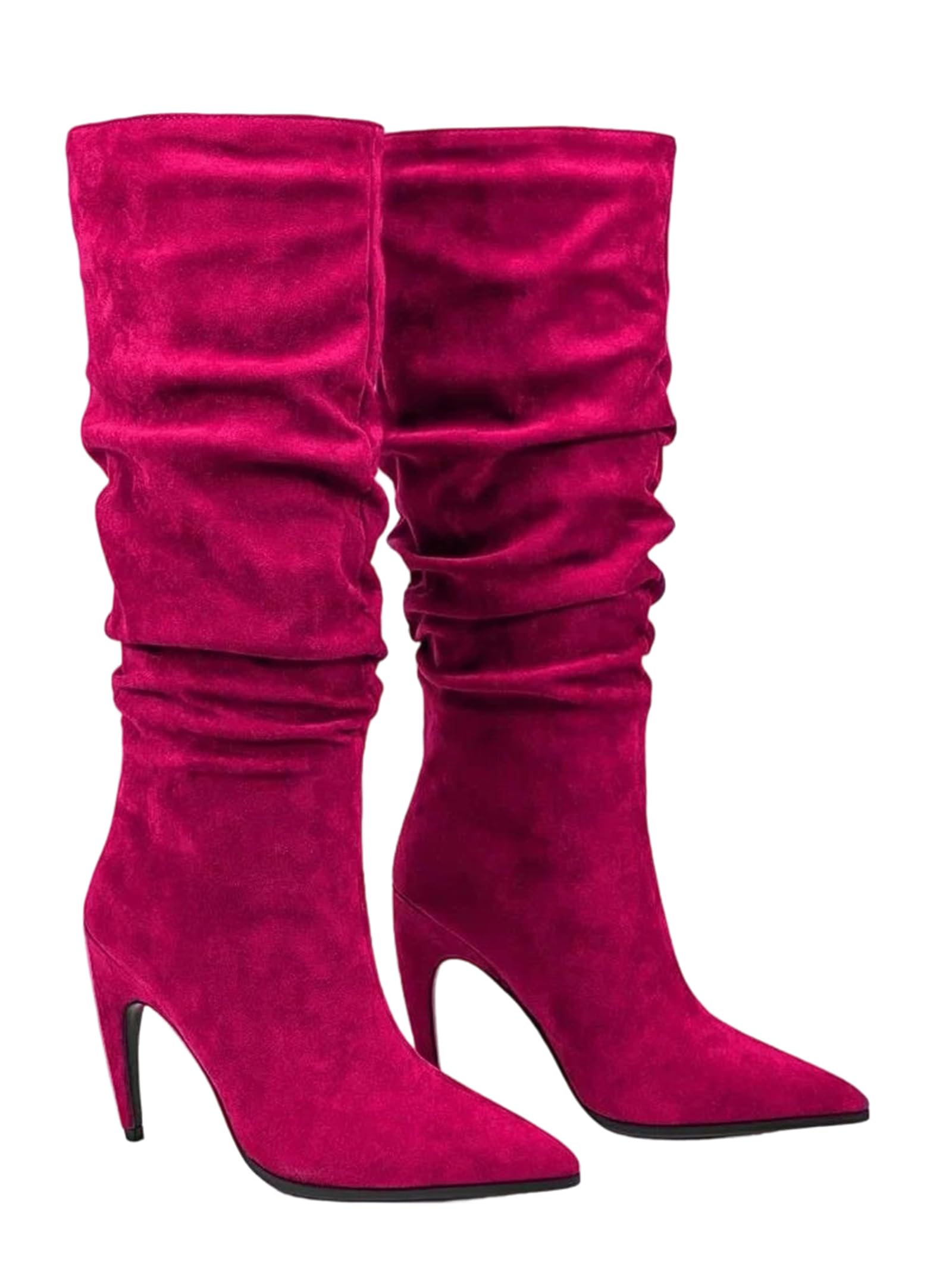 Alloaone Womens Pleated Knee High Boots Pointed Toe High Kitten Heel Faux Suede Shaft For Street Style Outfits