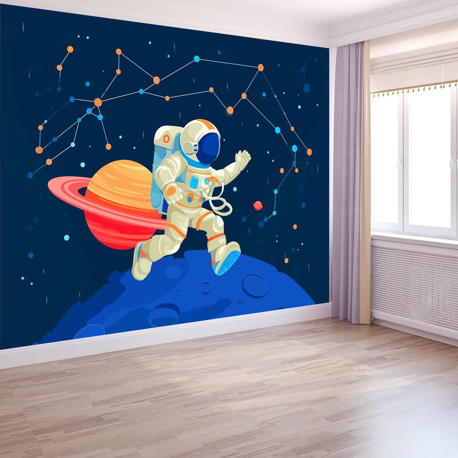 Fototapeta z włókniny, styl kreskówkowy, tapeta 200 x 140 cm (szer. x wys.), nowoczesna tapeta z włókniny, efekt 3D, dekoracja ścienna, księżyc, astronauta, gwiazdy, tapeta ścienna, tapeta ścienna