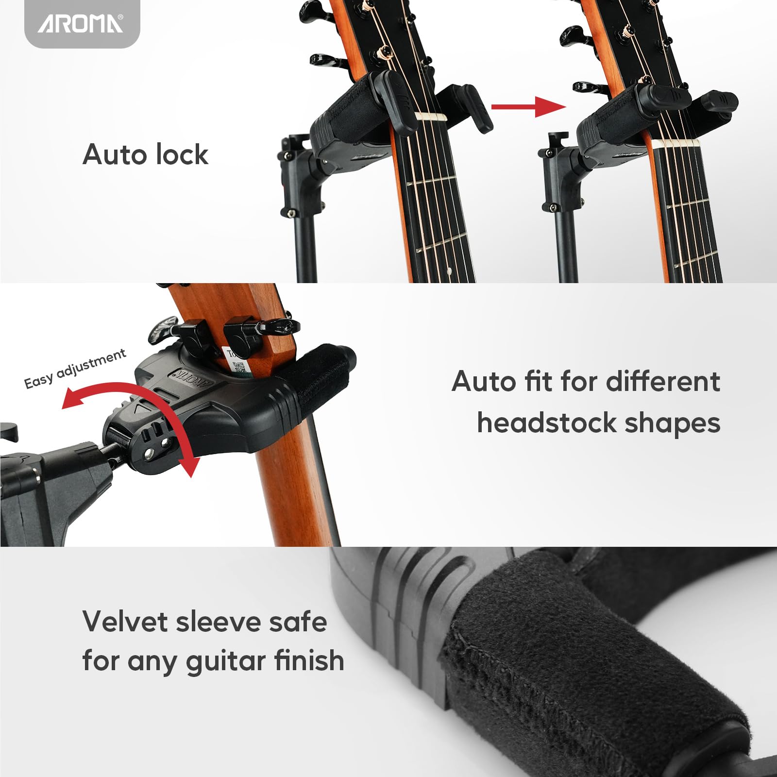 AROMA Bass Stand Universal for Acoustic Electric Classical Guitars Floor Stand Foldable with Auto-Lock Neck Holder Soild Tripod One Button Lift - Image 2