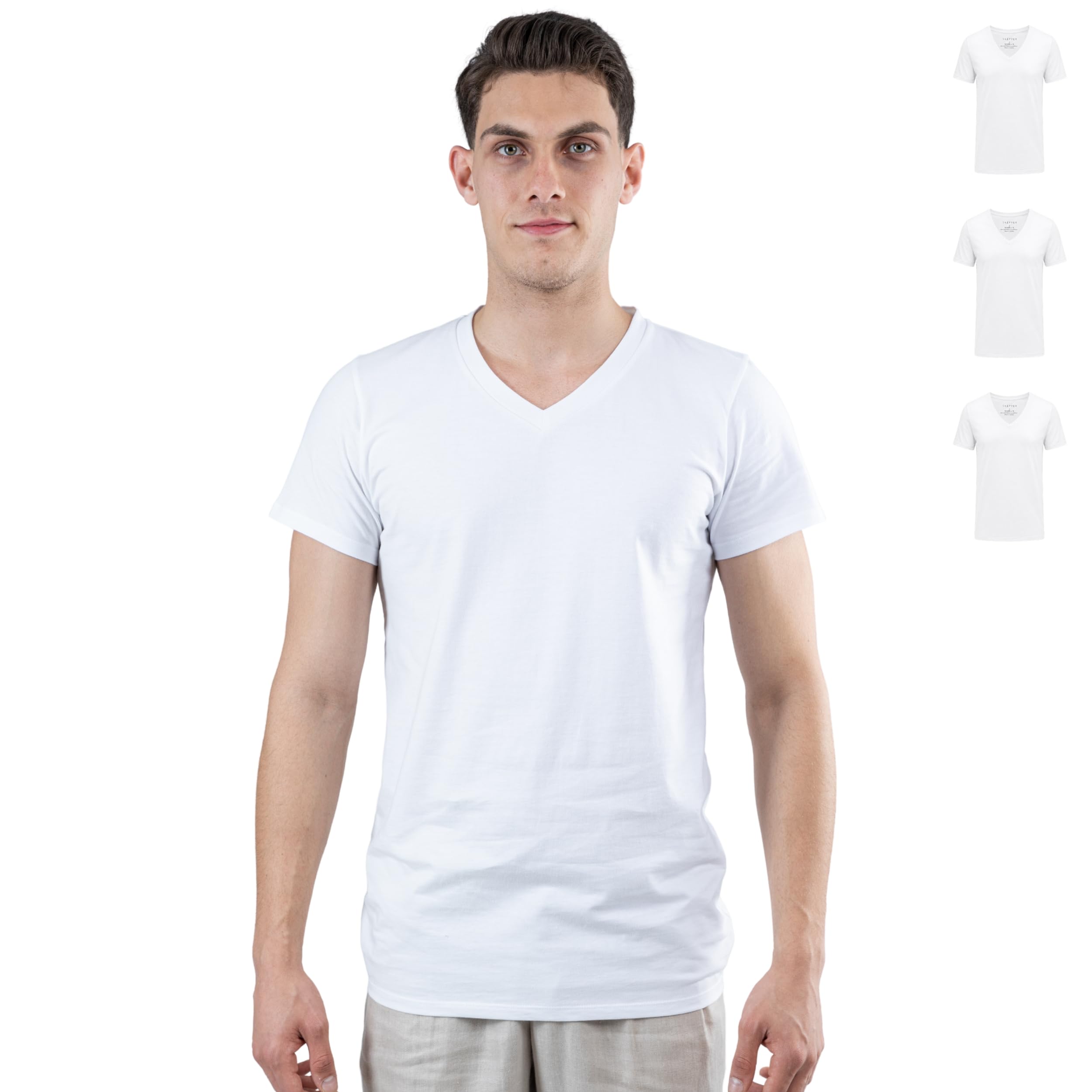 SKIPPER Lot de 3 T Shirt Homme 100% Coton I Maillot de Corps Blanc I Tricot de Corps Col V I sous Chemise Manches Courtes I Label Oeko-TEX®