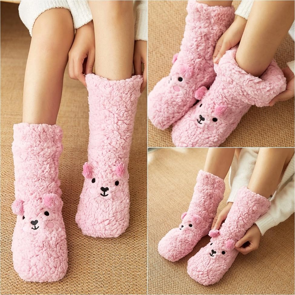 Cute Bear Fluffy Socks with Grip 2 Pairs Women Fuzzy Sock Non Slip Slipper Sock Cozy Warm Soft Sleep Home Winter Sock4