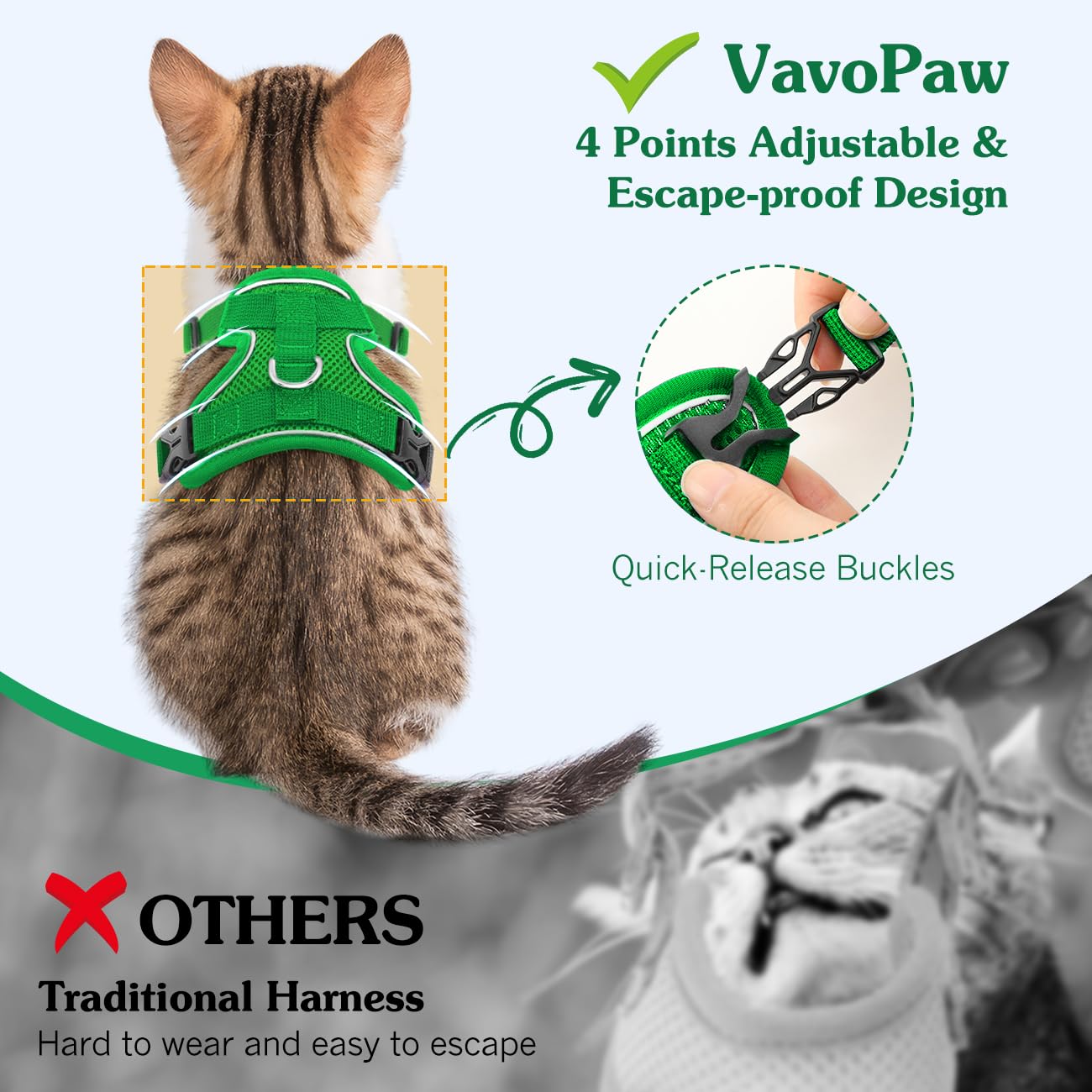 VavoPaw Pettorina per Cani con Guinzaglio da 1,5M, Imbracatura per Gatti Antifuga con Rete Traspirante e Strisce Riflettenti, Gilet Morbido e Regolabile per Cani Gatti, S, Verde Medio