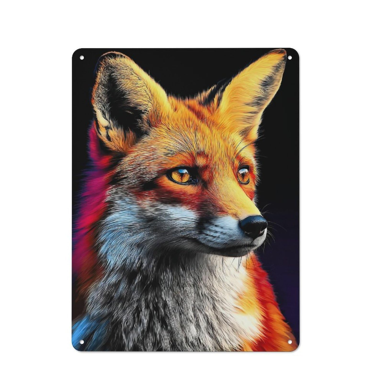 Character Decorative Tin Plaque 40x30cm Featuring Colorful Fox Portrait -5, Small Space Decor for Bedroom, Kitchen, Office Or Living Room