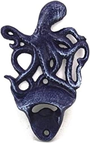 Hampton Nautical Abrebotellas de pulpo montado en la pared azul oscuro rústico de 6 pulgadas, decoración vintage de hierro fundido, vida marina