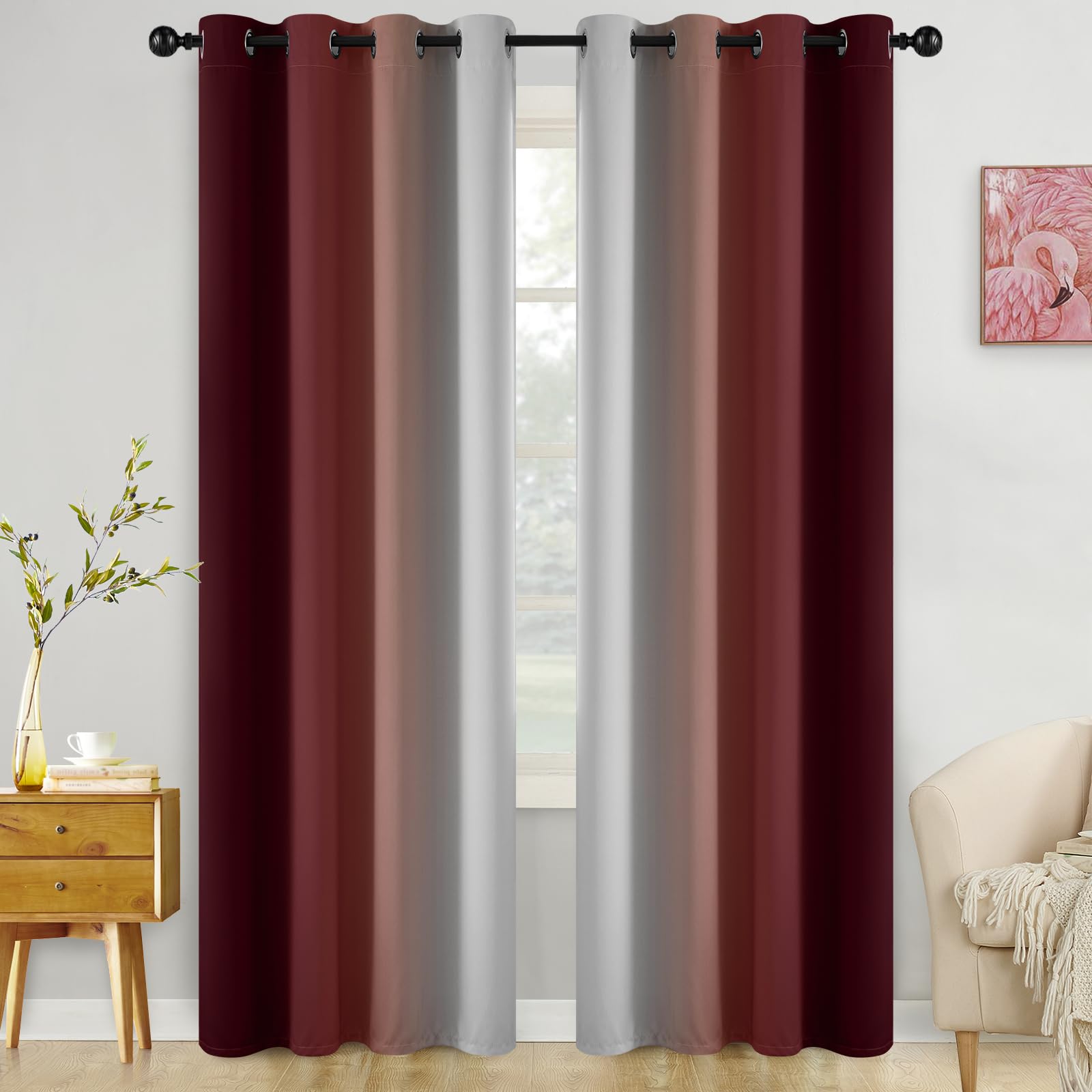 COSVIYA Curtains & Drapes Ombre Red Curtains 84 inch Length 2 Panels,Full Room Darkening Grommet Insulated Thermal Window Curtains for Bedroom/Living Room,52x84inches