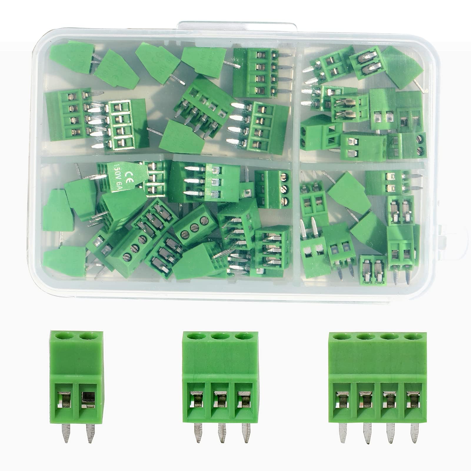 PENGLIN 50PCS 2.54mm Pitch PCB Mount Screw Terminal Block Connector, 2P 3P 4P Terminals 150V 6A for 26-18AWG Cable