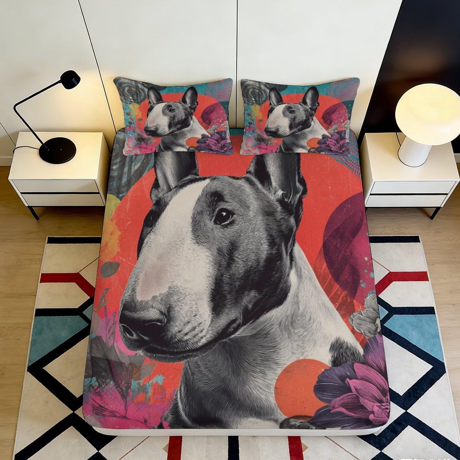 3D Printed Bull Terrier Art Fitted Sheet Microfiber Soft Breathable Abstract Floral Mattress Cover for Bedroom Decor 90x200x25cm