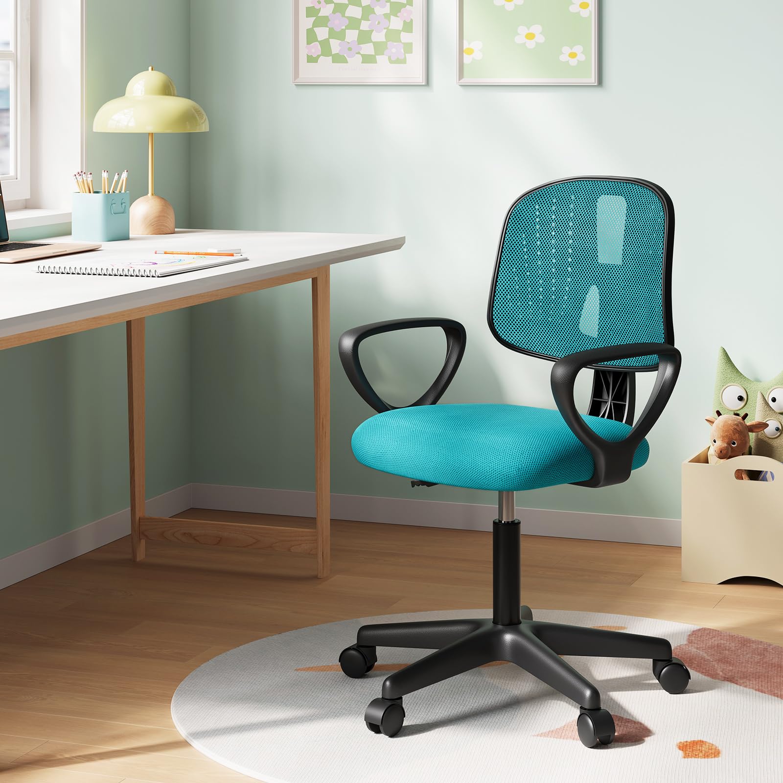 Sedia da Scrivania per Bambini, Sedia da Studio Girevole, Sedie Ergonomica con Ruote, Tessuto a Rete Traspirante, Sgabello Girevole con Schienale Regolabile Automaticamente, Turchese, K0006BS