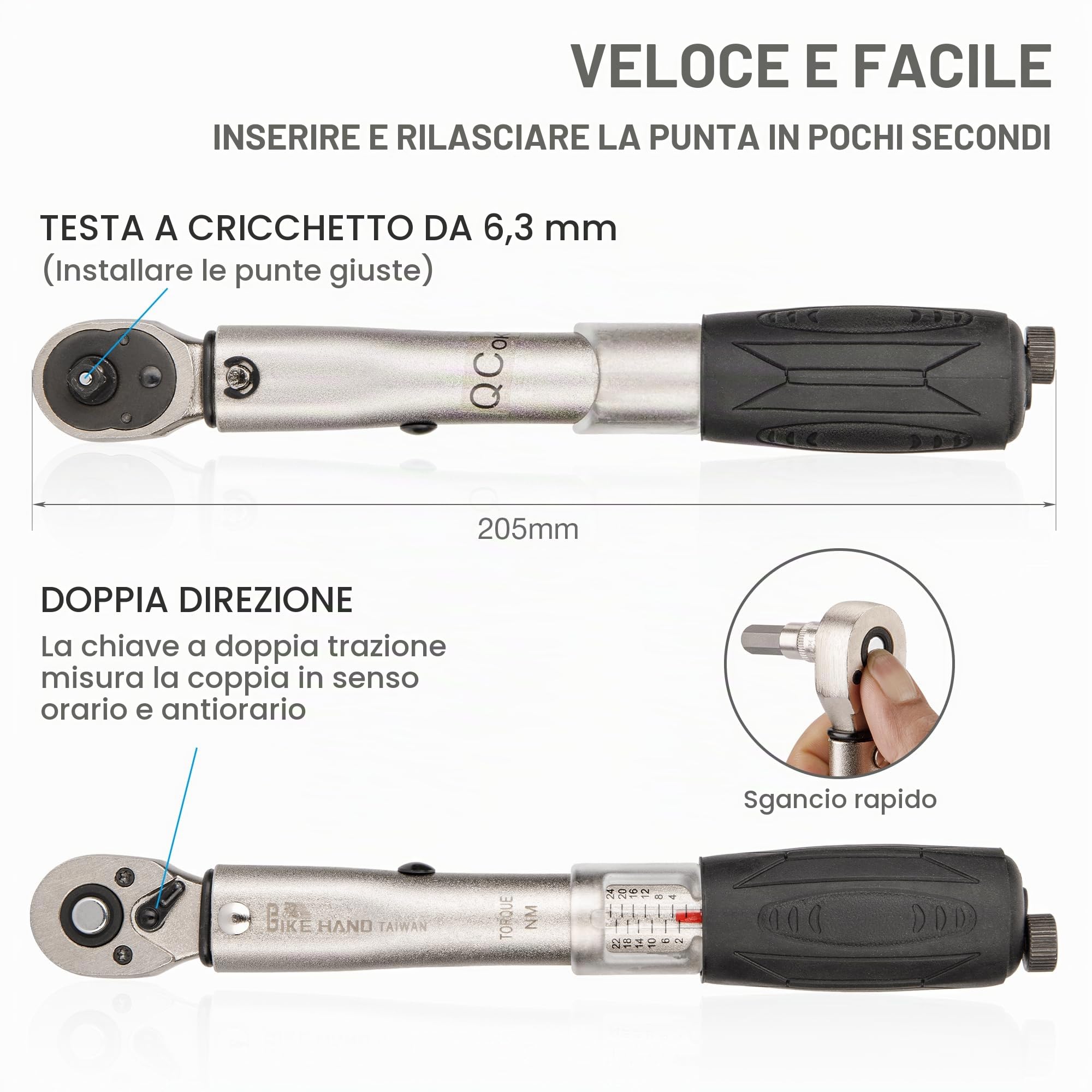 Set di chiavi dinamometriche da 1/4 di pollice con funzione a scatto – 2–24 Nm – Attrezzi per la manutenzione di bici da corsa e mountain bike – include inserti a brugola e Torx, oltre a prolunghe da