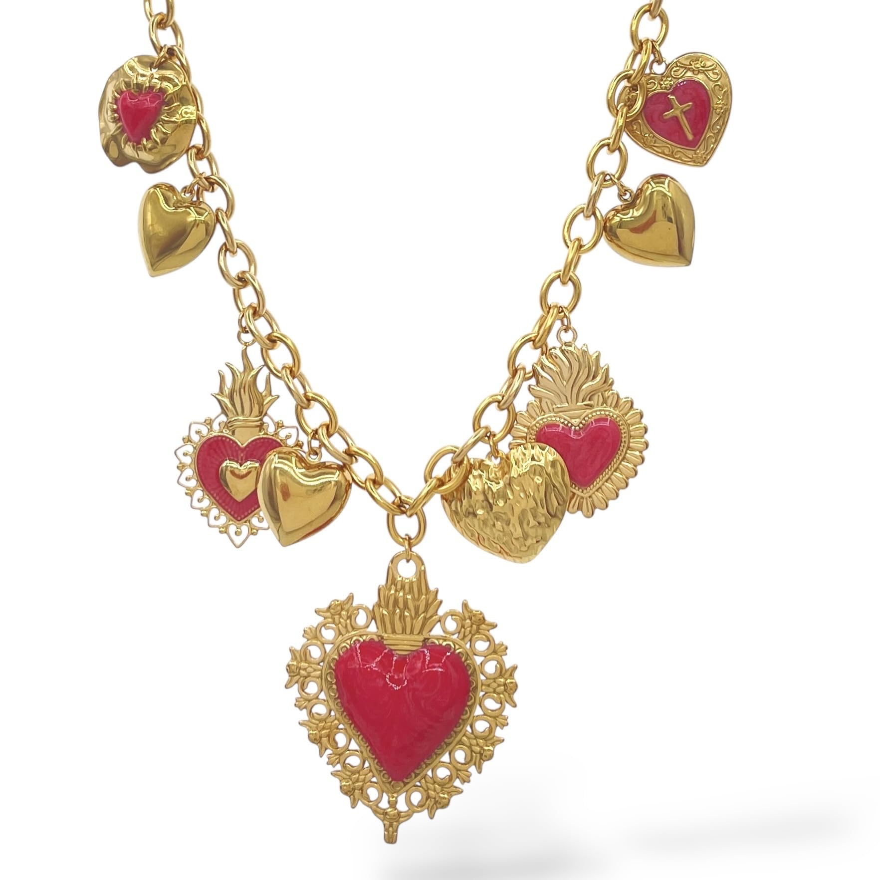 Generico Collana in Acciaio Inossidabile Color Oro con Ciondoli Cuore Smaltati Rossi - Cuori Sacri