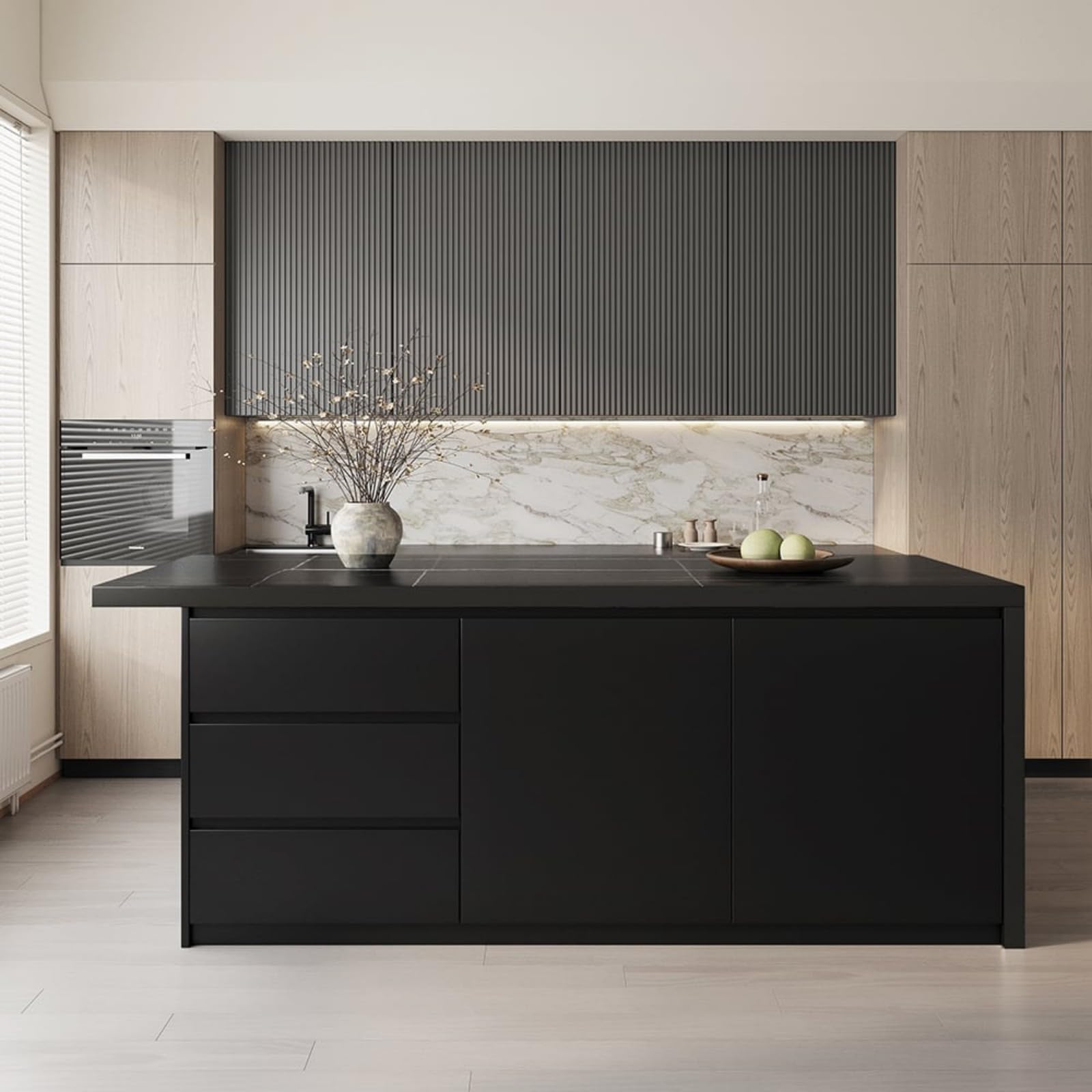 Homary Îlot Central de Cuisine avec Rangements 183 cm Noir, Meuble Îlot Moderne avec 3 Tiroirs, 2 Portes & 6 Étagères, en Bois, Résistant à l'eau, pour Salle à Manger