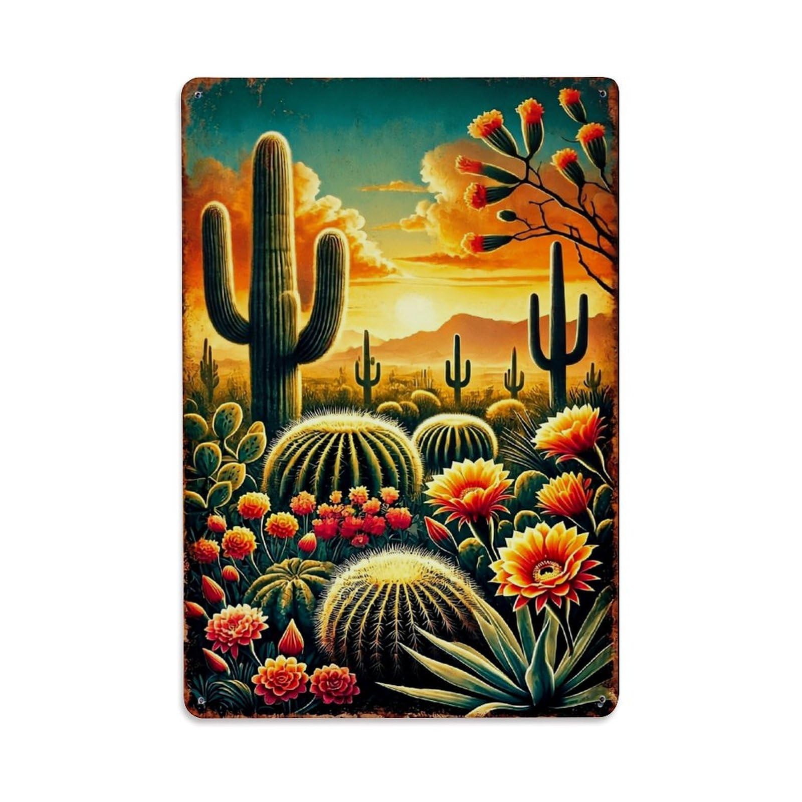 Jdfenggu Vintage Desert Cactus Floral Sunset Landscape Retro Metal Tin Sign, Decor Art Poster For Bar, Home, Man Cave, Kitchen, Laundry Room Gift 8X12inch