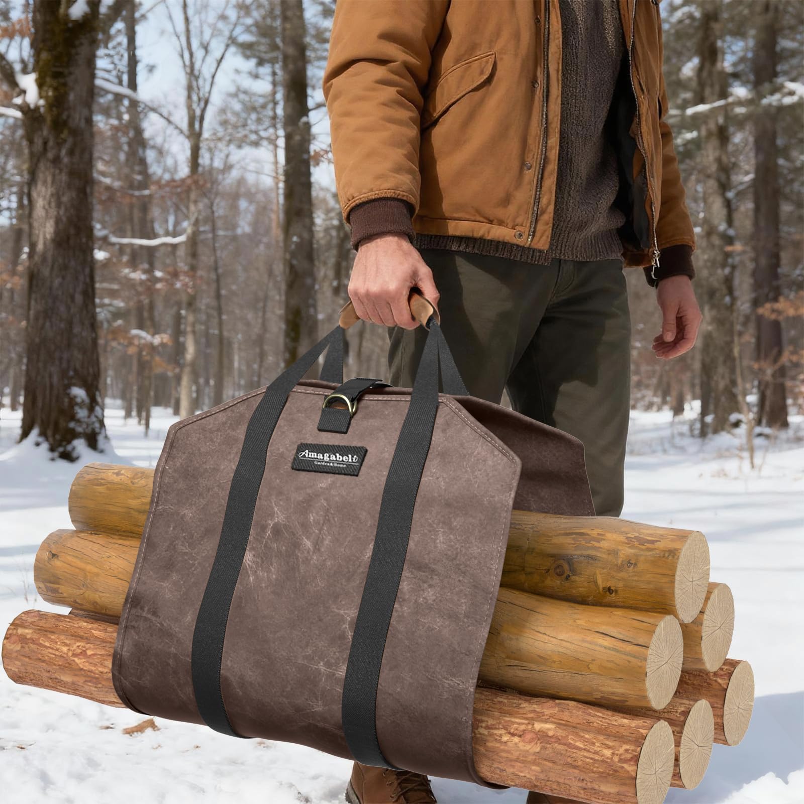 Amagabeli Borsa Porta Legna Grande in tela Cerata in Legno Borsa per Interni Porta Legna Cesto Legna per Camino da Esterno Legno Durevole Cesta per Legna Portalegna（Marrone Scuro）