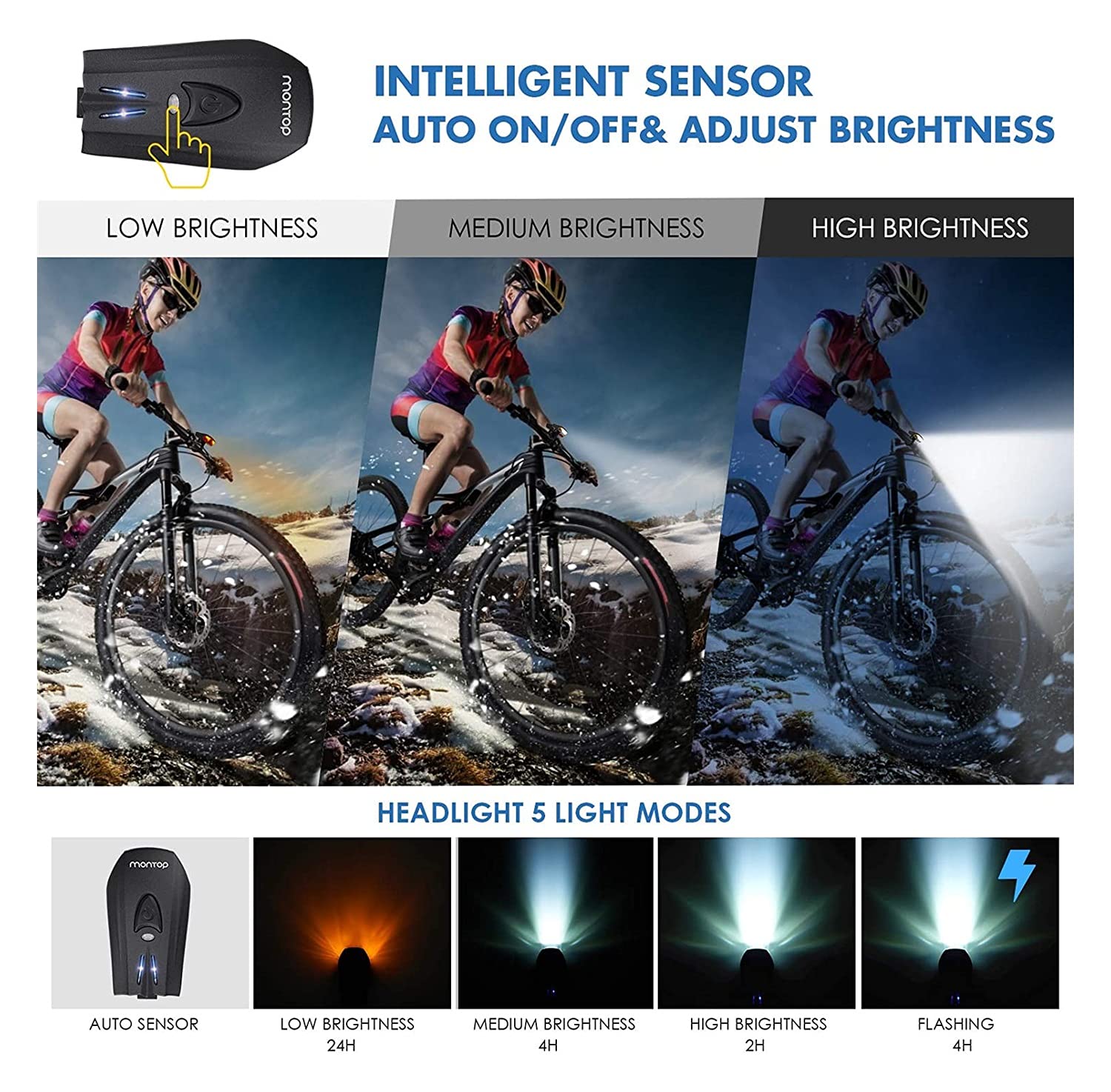 Conjunto de LED de luz de Bicicleta, Luces de Bicicleta LED USB Recargable, Faro Frontal Impermeable y Juego de Luces traseras, lámpara de Bicicleta súper Brillante 1200mAh batería Ion Ion □