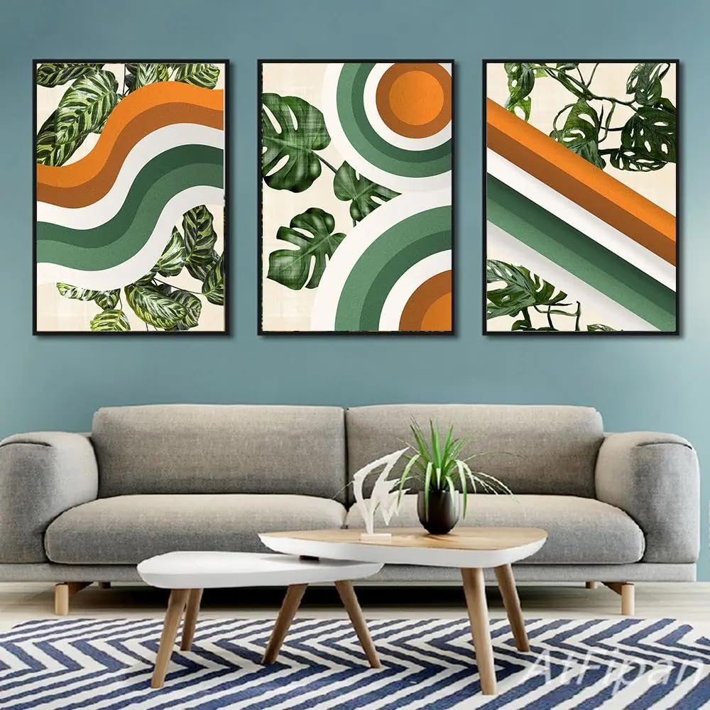 Wbyzac Green Botanical Posters-Abstract Geometry Leaves Poster Modern Tangerine Waves Print Retro Wall Art Canvas Painting Pictures For Living Room Kitchen Decoration-60 * 80Cm*3Pcs (No Frame)