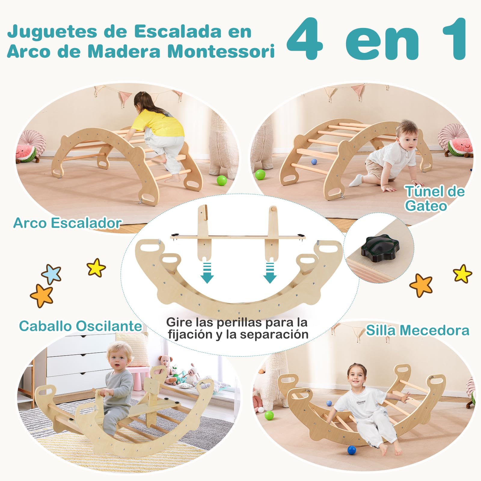 COSTWAY Arco de Escalada para Niños Montessori, 4 en 1 Juguetes de Escalada de Madera, Juego de Interior con Escalador de Arco, Balancín, Túnel para Gatear, Respaldo y Asiento Lisos (Natural)