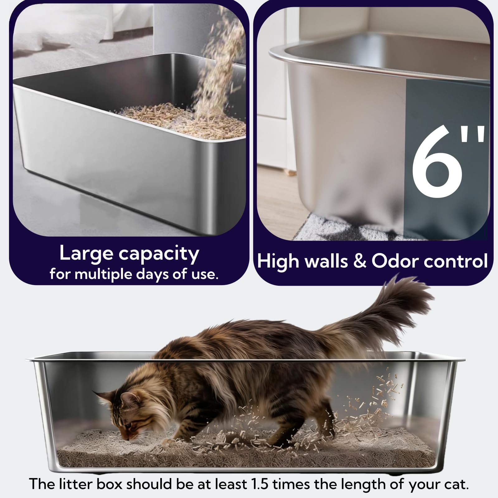 Spindro 2 pack Stainless Steel Cat Litter Box with High Sides - Metal Cat Pan, Large Indoor Litter Tray, Never Absorbs Odor, Pet Toilet Supplies Smooth Surface for Kitten, Kitty, Rabbit 17.5"13.5"x6" - image 2