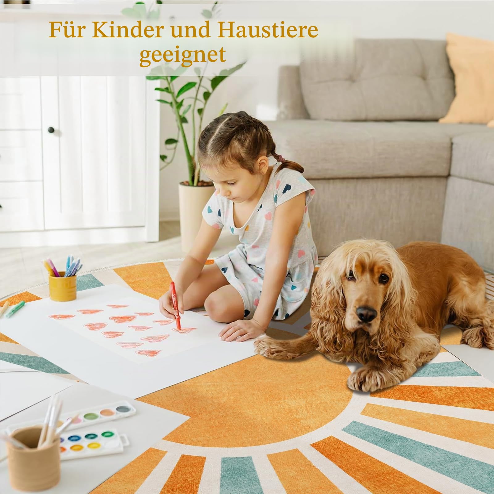 Boho-Teppich, rund, 1,8 m, bunt, groß, waschbar, für Klassenzimmer, Sonnendruck, Used-Kreis, Kinderteppich, weicher, dünner Bodenteppich, rutschfest, niedriger Flor, Kinderzimmerteppich für