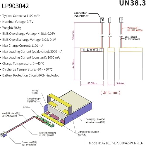 Miniatura 2 de EEMB Batería de polímero de litio 3.7V 1100mAh 903042 Lipo Batería recargable con conector JST de cable para altavoz y dispositivo inalámbrico