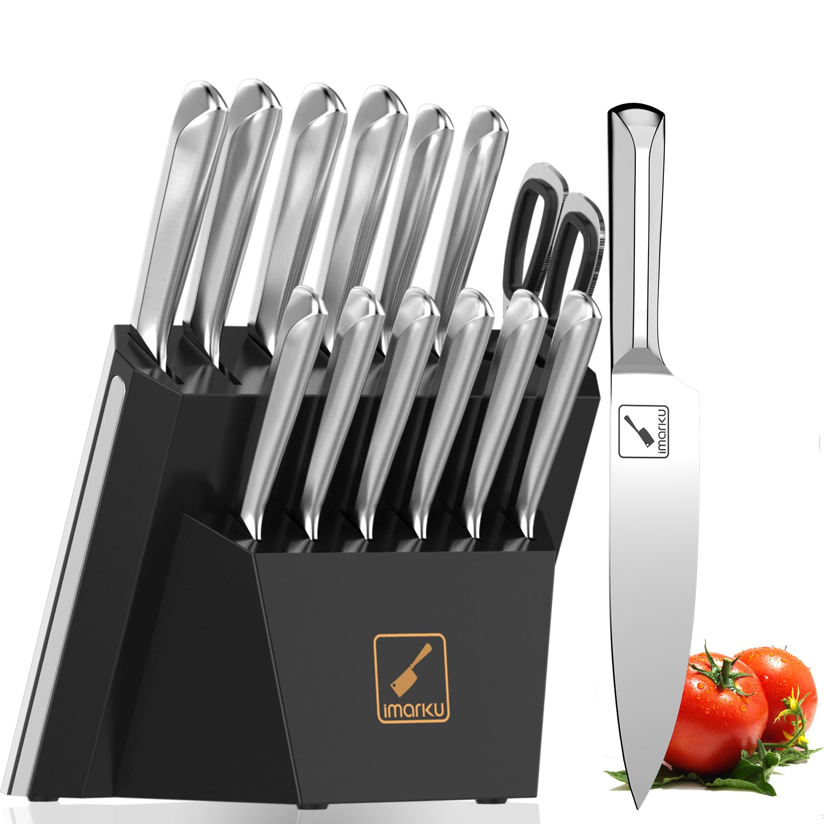 imarku 15 PCS Kitchen Knife Set with Diamond-Shaped Handles Premium German High-Carbon Stainless Steel Chef Knife Set Dishwasher-Safe Kitchen Knives with Block Father's Day Gifts