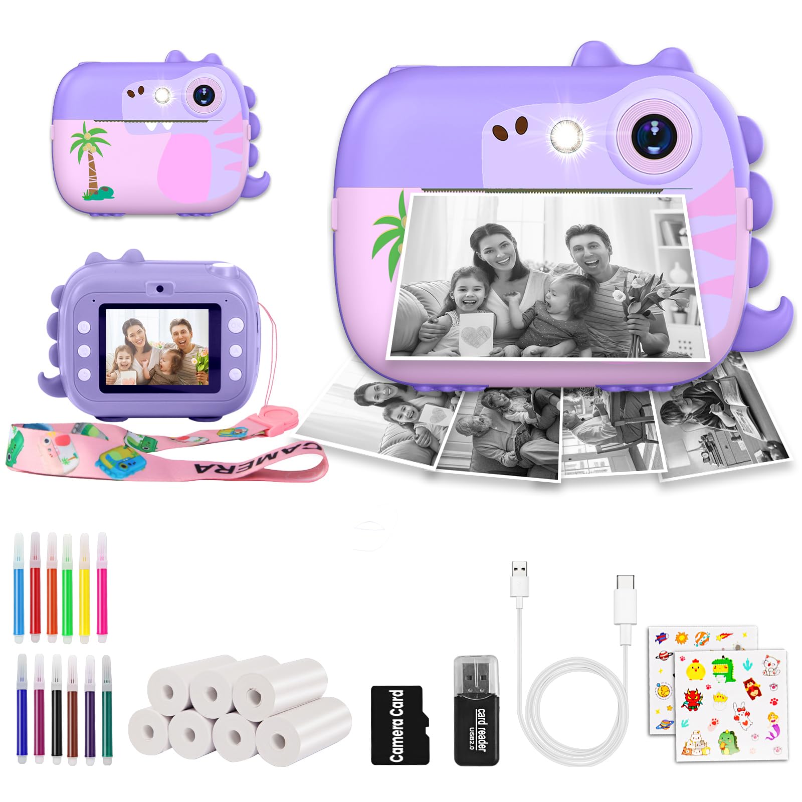 ARNSSIEN Macchina Fotografica Bambini Istantanea 2.4" con 7 Rotoli Carta | Fotocamera Istantanea per bambini con foto e video 1080P, stampa istantanea, regalo 3-12 anni,Compleanno,Festività, viaggi,M3