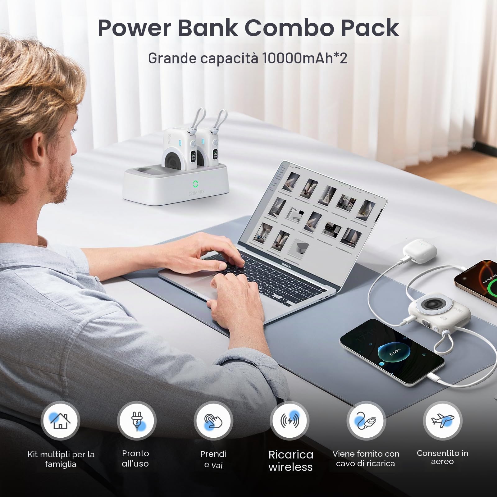 Caricatore Portatile Stazione,3x10000mAh Power Bank Magnetico con Ricarica Rapida, Doppio Cavo Type-C e Integrato, Display LED per Viaggi, Casa e Ufficio (Nero)