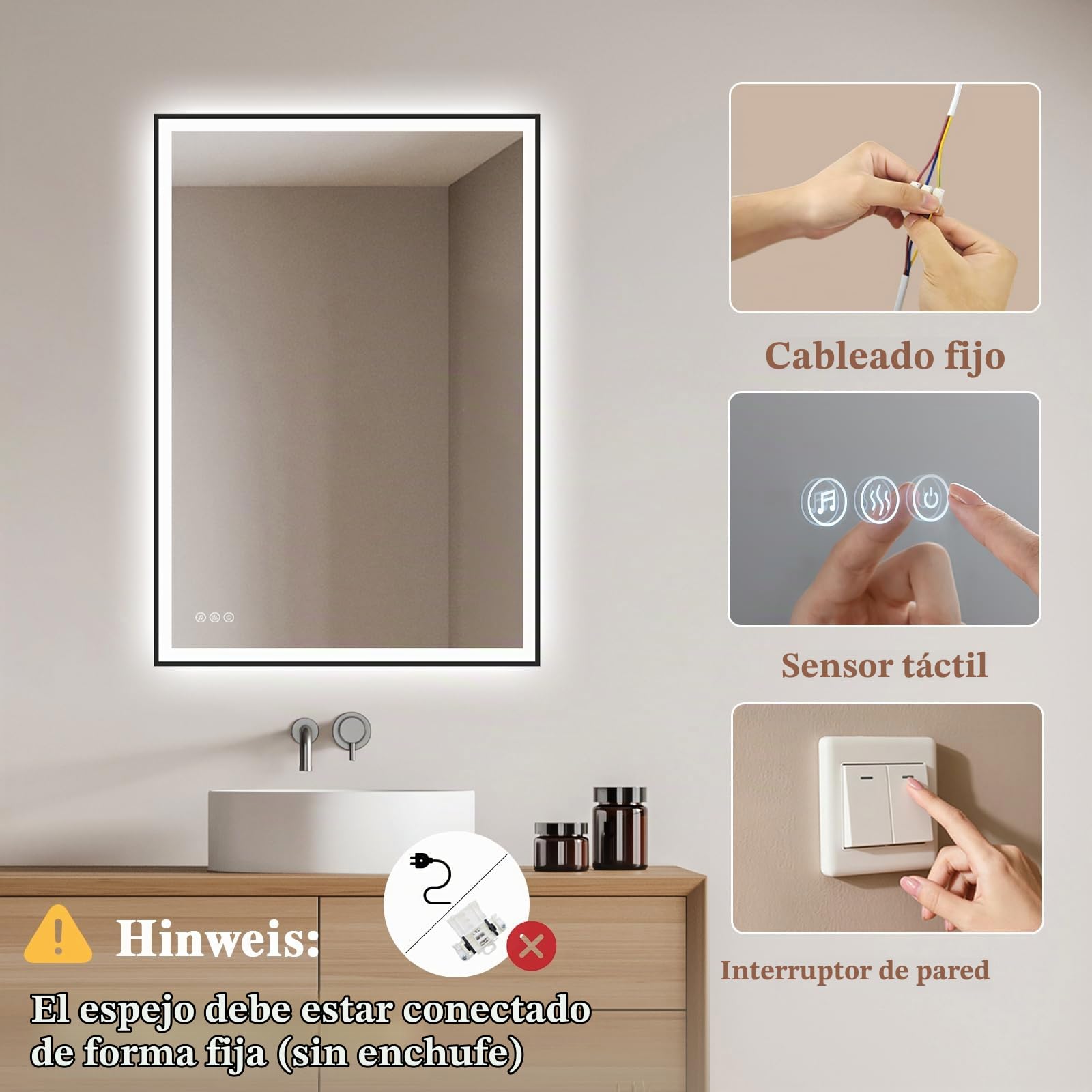 Espejo de baño con iluminación 100 x 70 cm – LED espejo de baño con Bluetooth – Espejo de baño con iluminación, antivaho, regulable, 3 colores de luz, espejo de pared LED negro marco de metal