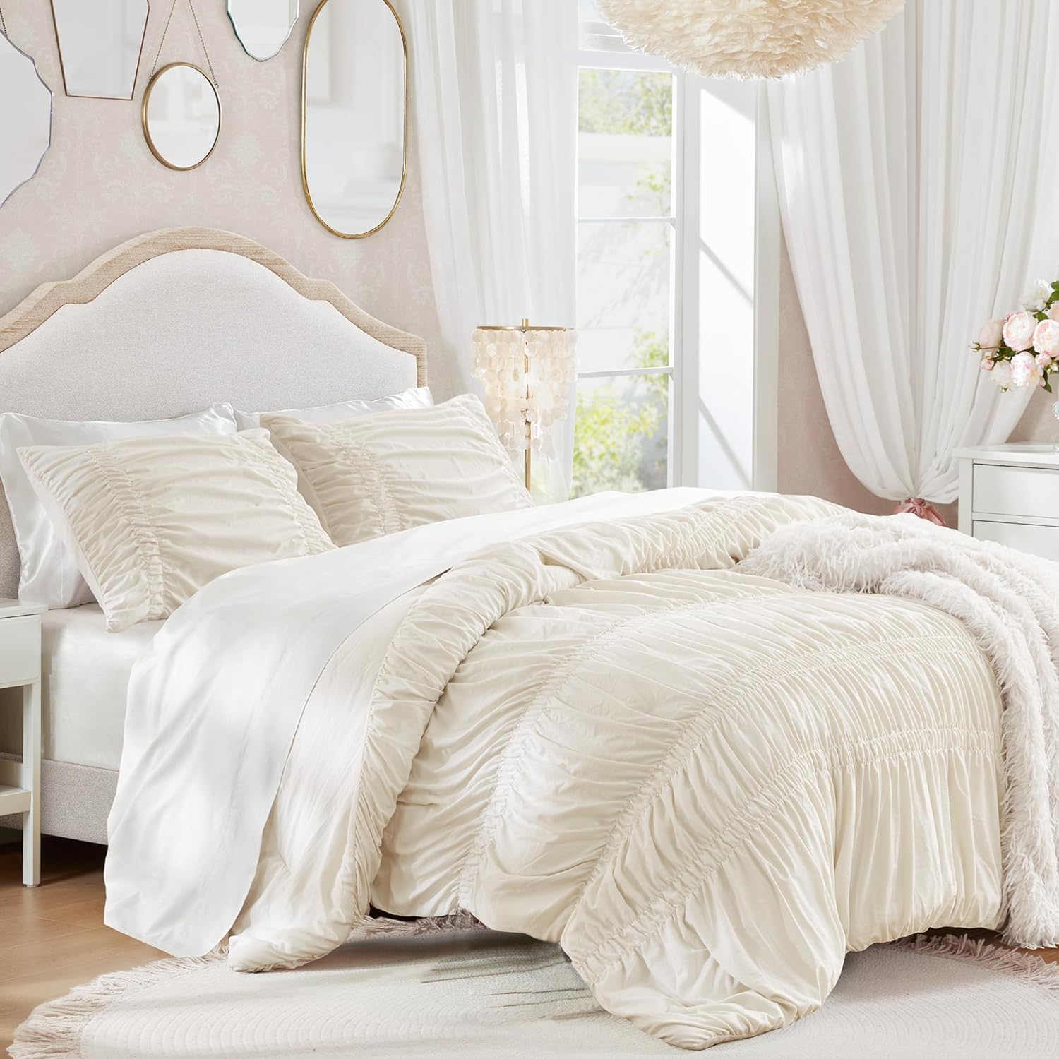 Sedefen Boho Bettwäsche 135x200 cm Beige Getuftet Geometrisch Muster Wendebettwäsche Set Stickerei Shabby Chic Böhmen Bettbezug mit Reißverschluss und 1 Kissenbezug 80x80cm