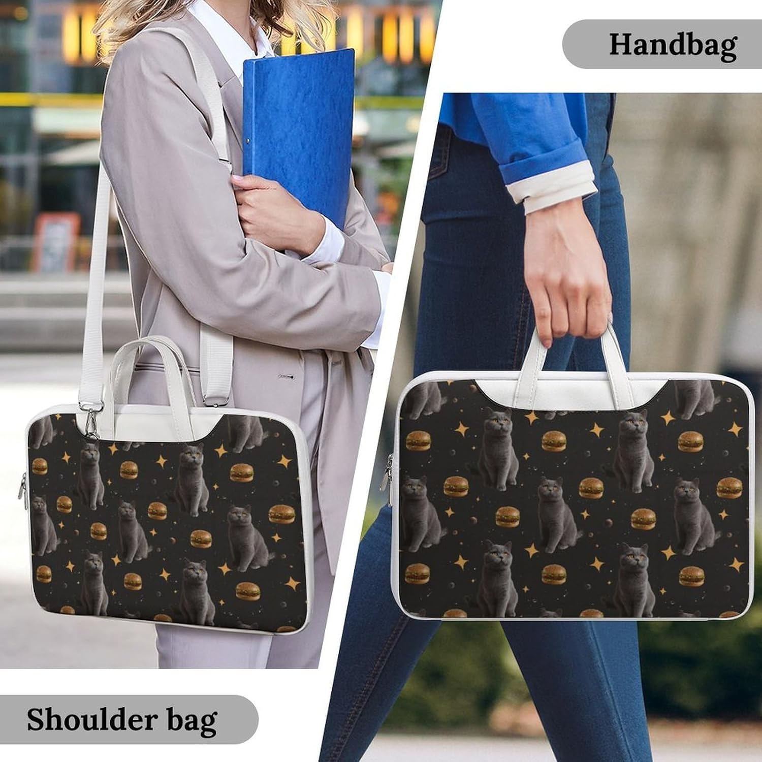 Funny Cat Hamburgers PU Shockproof Laptop Tote Bag image 2