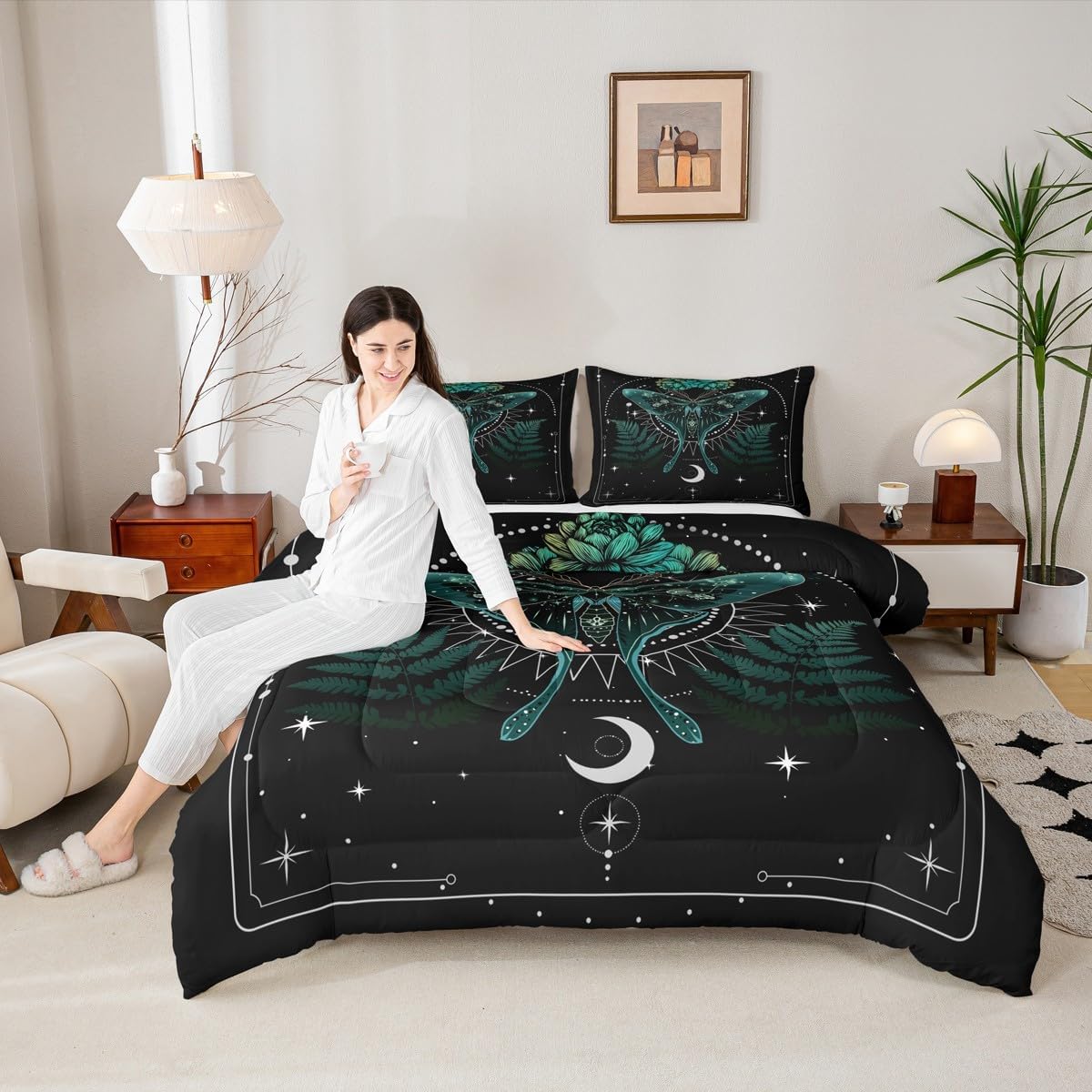 Castle Fairy Moth Comforter Set King Size,Boho Stars Moon Space Leaves Plant Bedding Set All Season Quilt Set,Gothic Animal Galaxy Microfiber Polyester Down Comforter