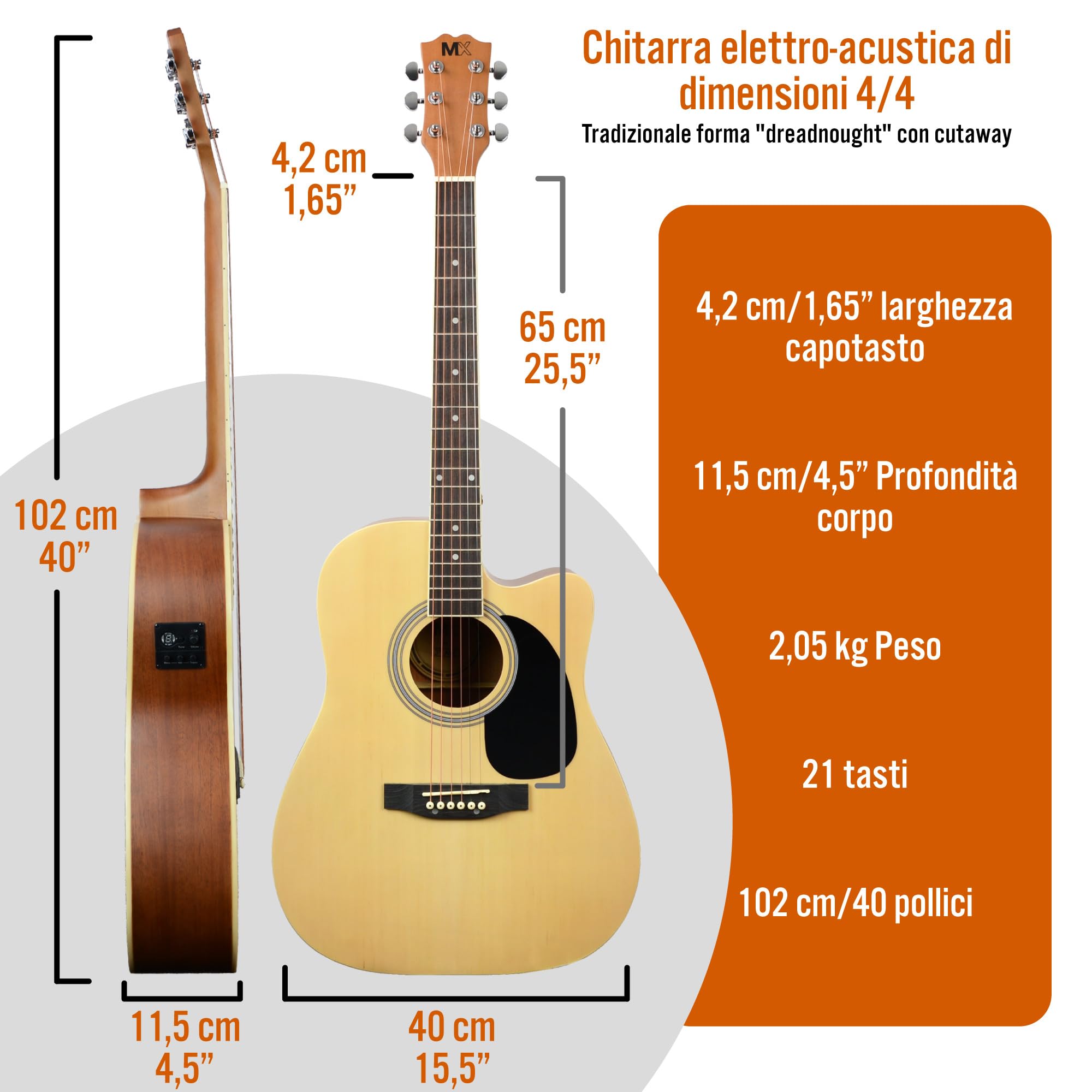 Pacchetto MX per chitarra elettro-acustica serie Performance di dimensioni standard di 3rd Avenue con parte anteriore in abete cutaway naturale